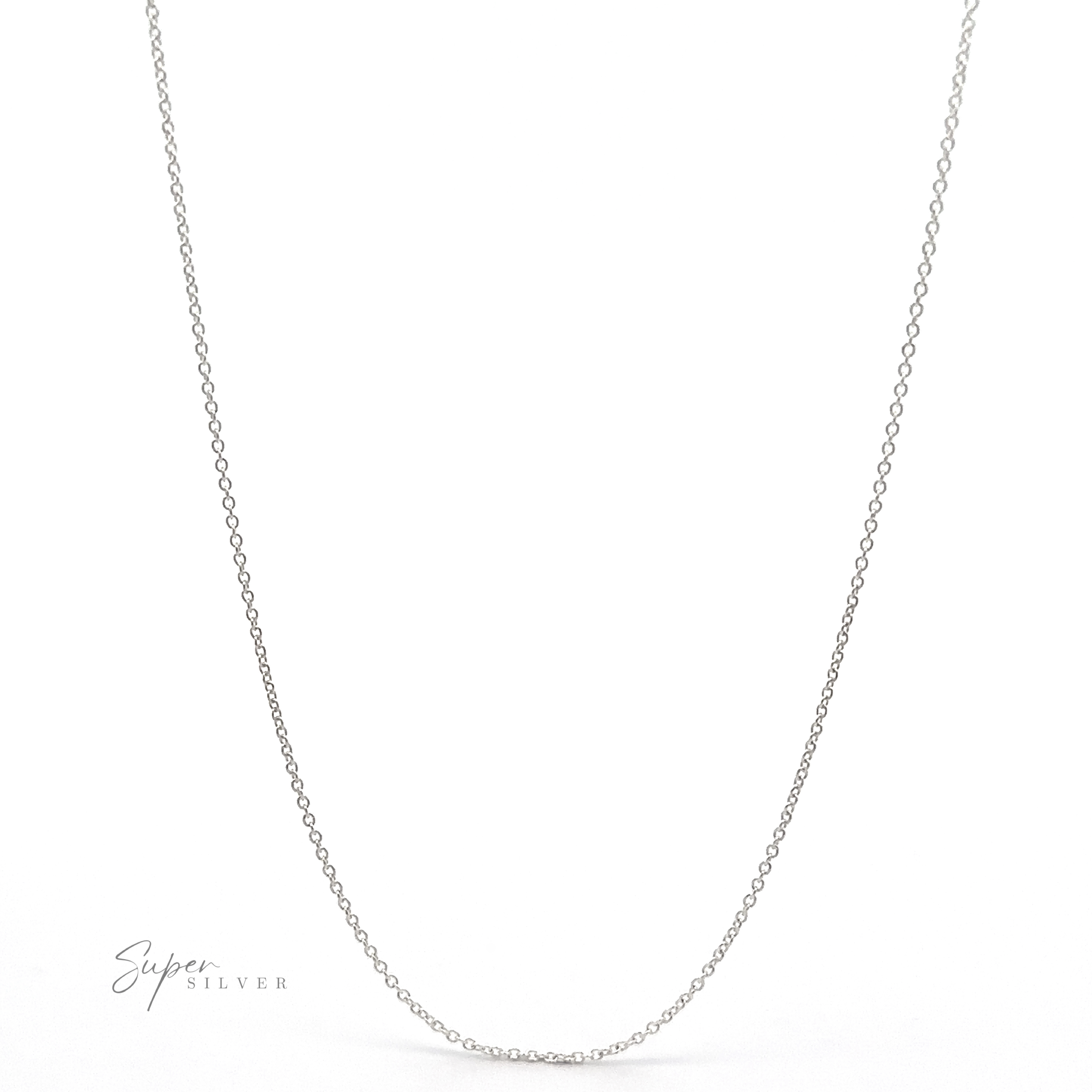 A delicate Dainty Cable Chain necklace made of .925 Sterling Silver featuring small, evenly spaced oval links on a simple white background, with the text "Super Silver" displayed in the lower left corner.