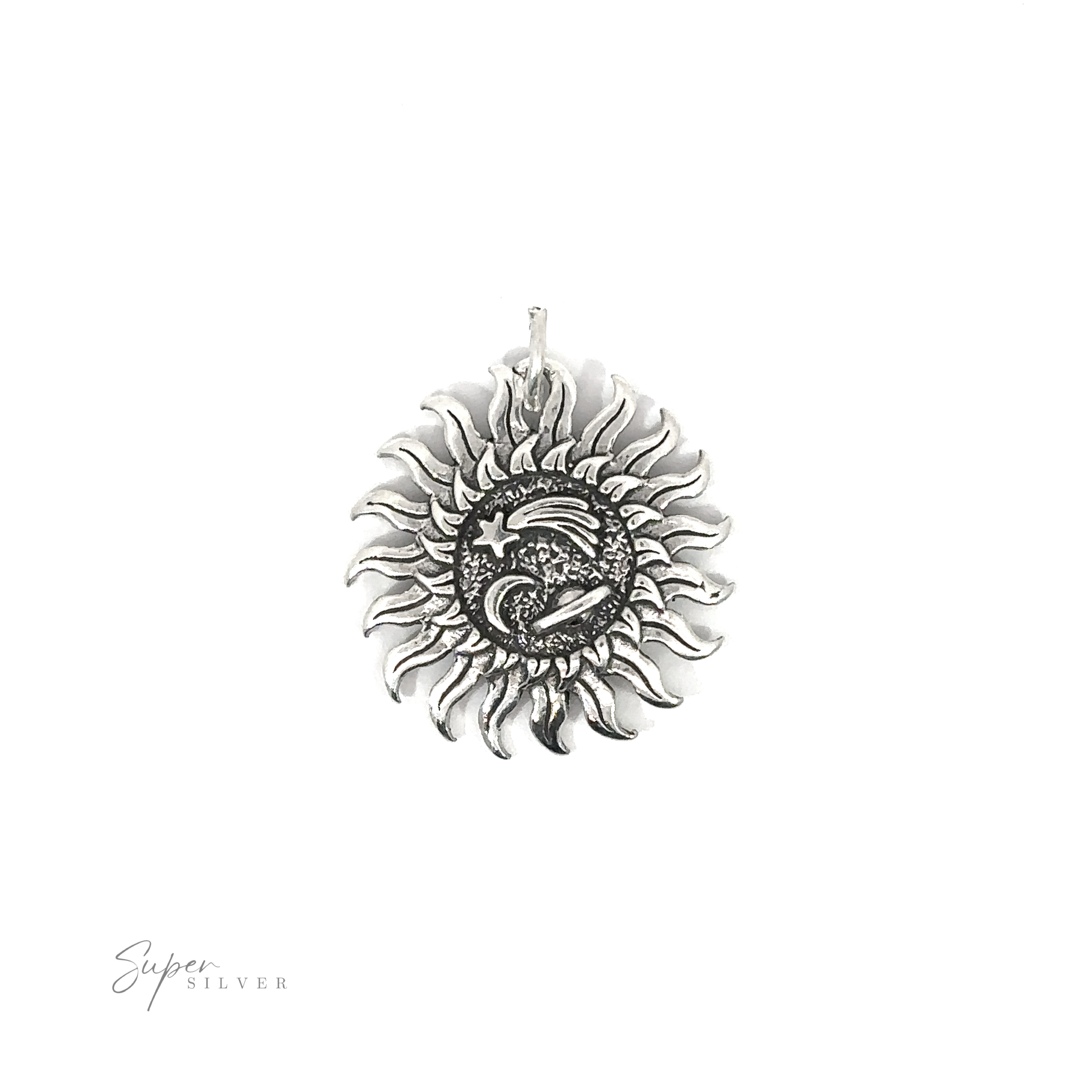 Trippy Sun Charm with Space Details pendant with intricate detailing and celestial energy.