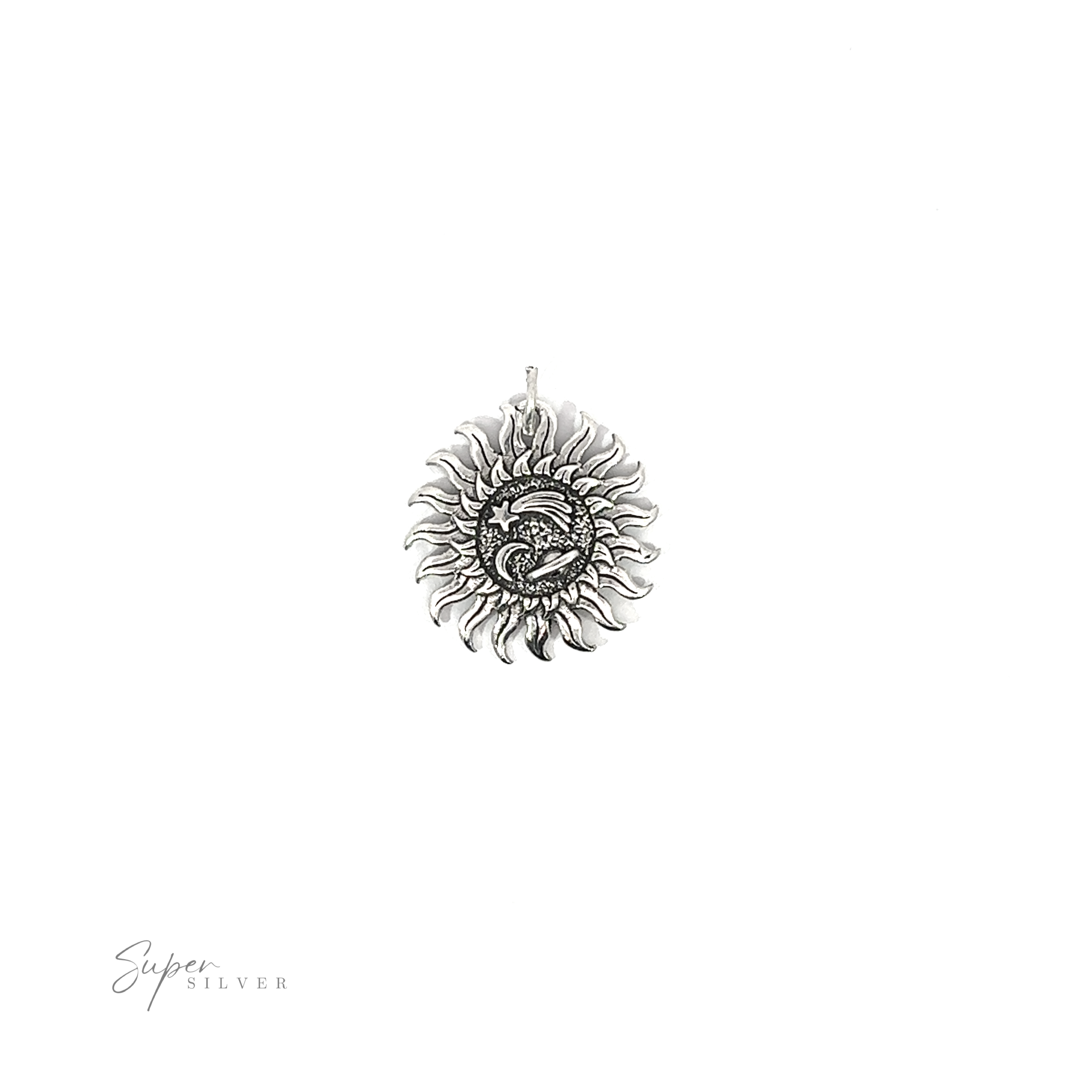 Trippy Sun Charm with Space Details pendant with intricate design embodying celestial energy on a white background.