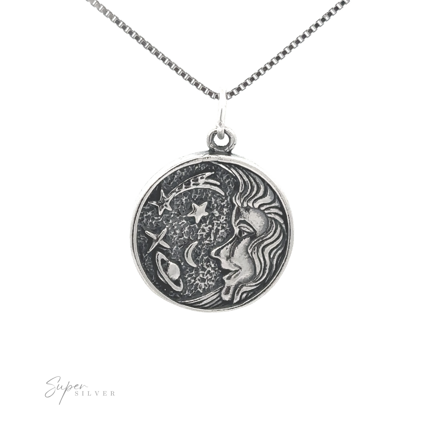 
                  
                    An enchanting silver necklace adorned with a celestial dreamscape of a moon and stars, creating a Cosmic Medallion.
                  
                