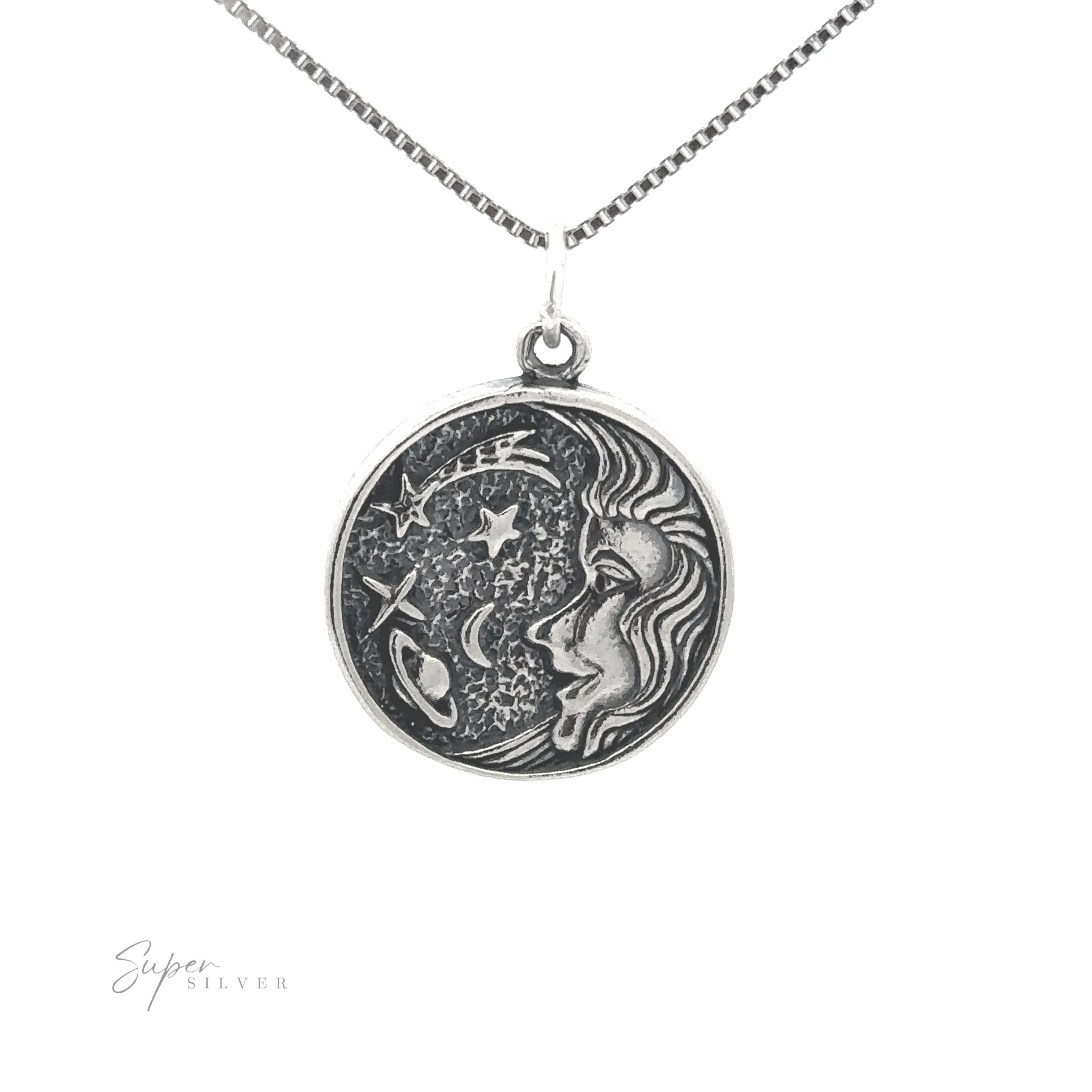 An enchanting silver necklace adorned with a celestial dreamscape of a moon and stars, creating a Cosmic Medallion.