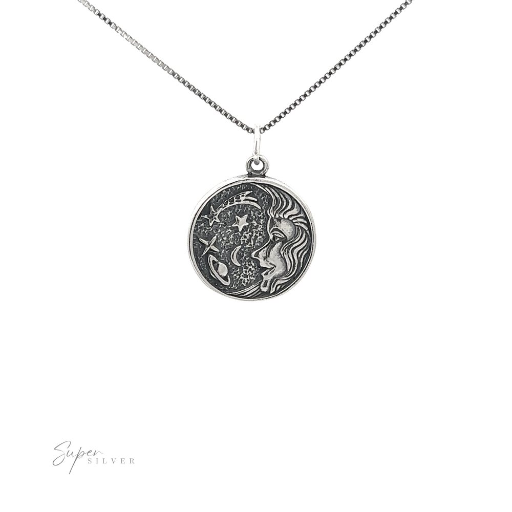 
                  
                    A Cosmic Medallion Pendant with an image of a woman, evoking cosmic bliss and celestial dreamscape.
                  
                