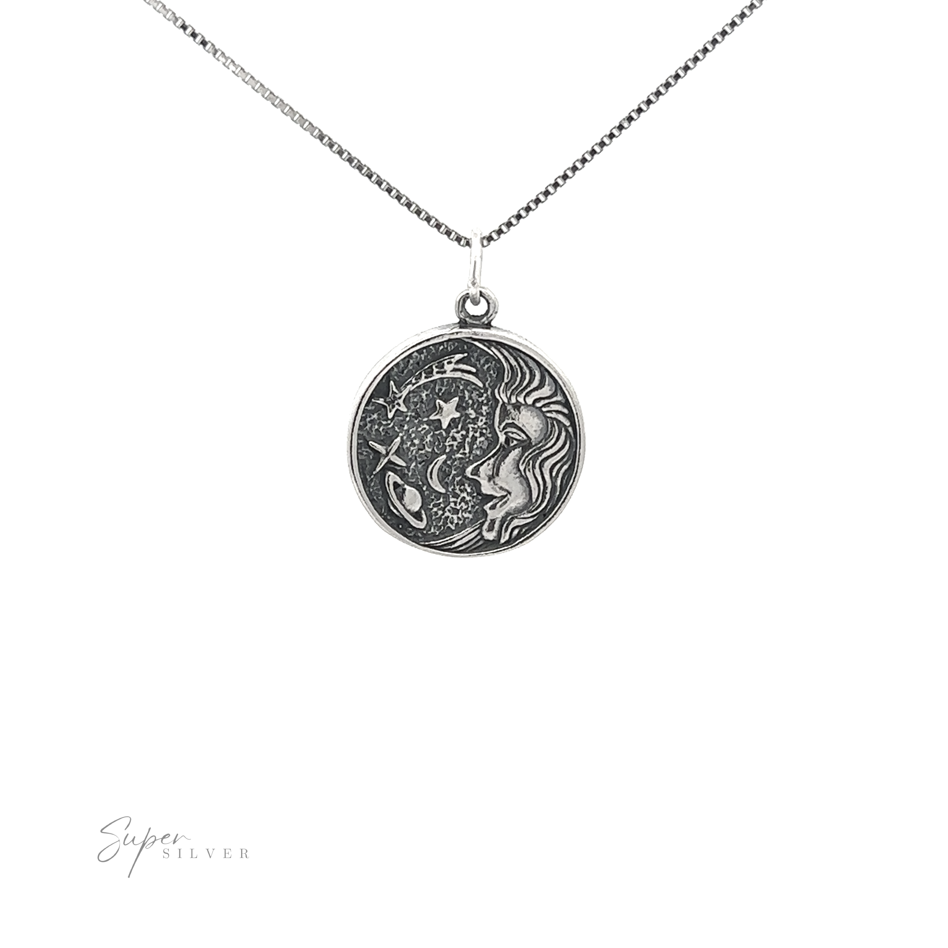 A Cosmic Medallion Pendant with an image of a woman, evoking cosmic bliss and celestial dreamscape.