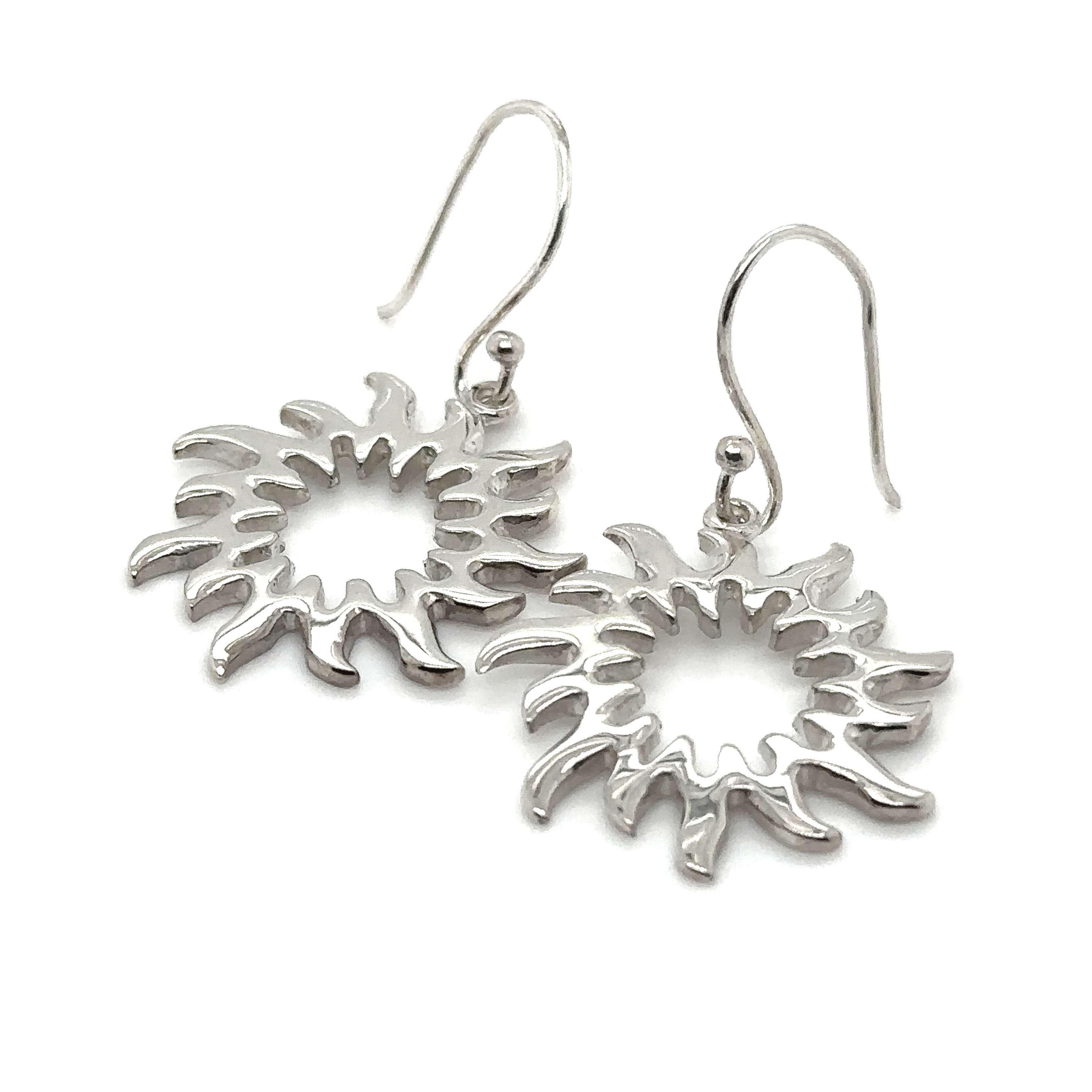 A pair of Super Silver Open Sun Earrings with a sunburst design.