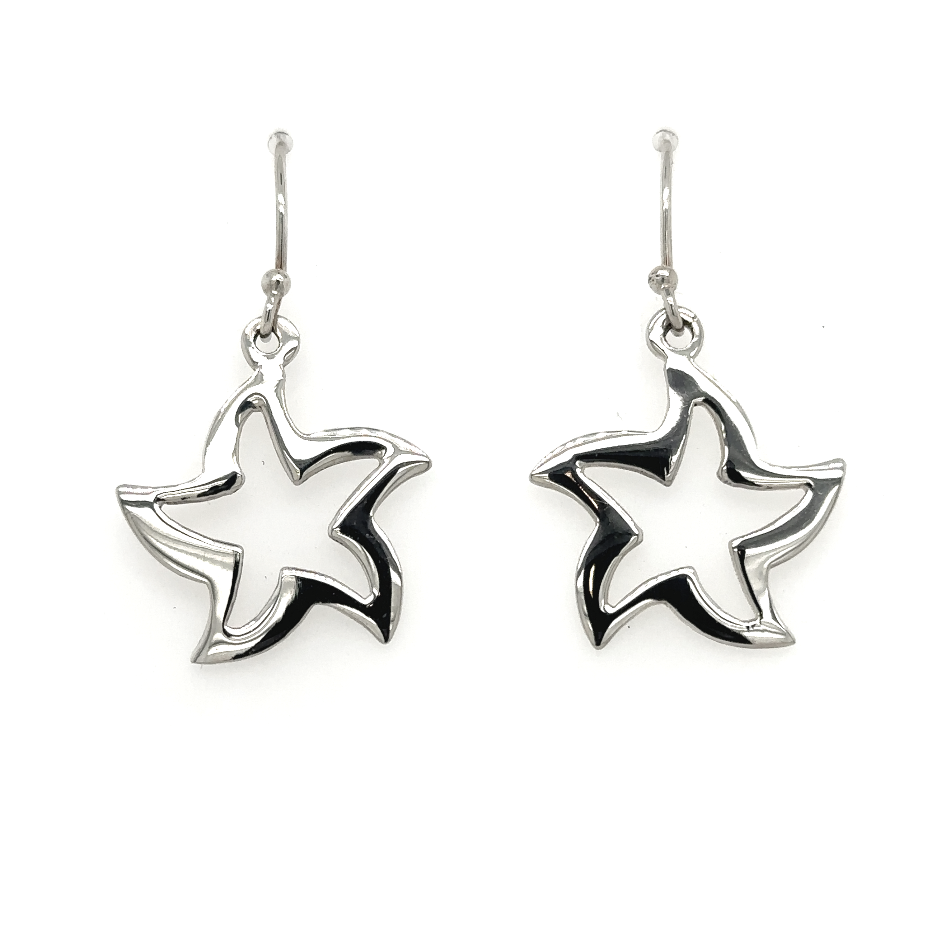 A pair of Super Silver Star Shape Open Earrings on a white background.