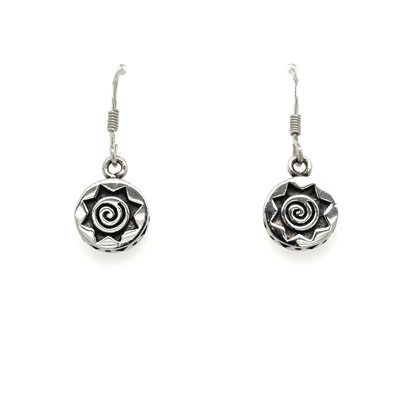 
                  
                    A pair of Super Silver Star Symbol Earrings with a spiraling design.
                  
                