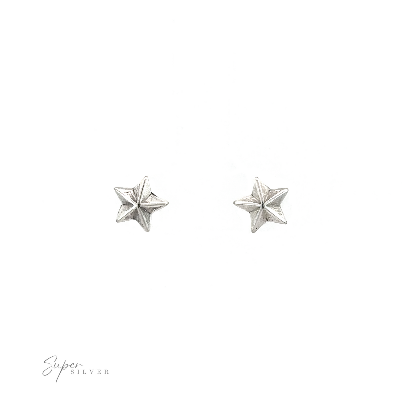A pair of Star Studs in silver, twinkling on a white background.