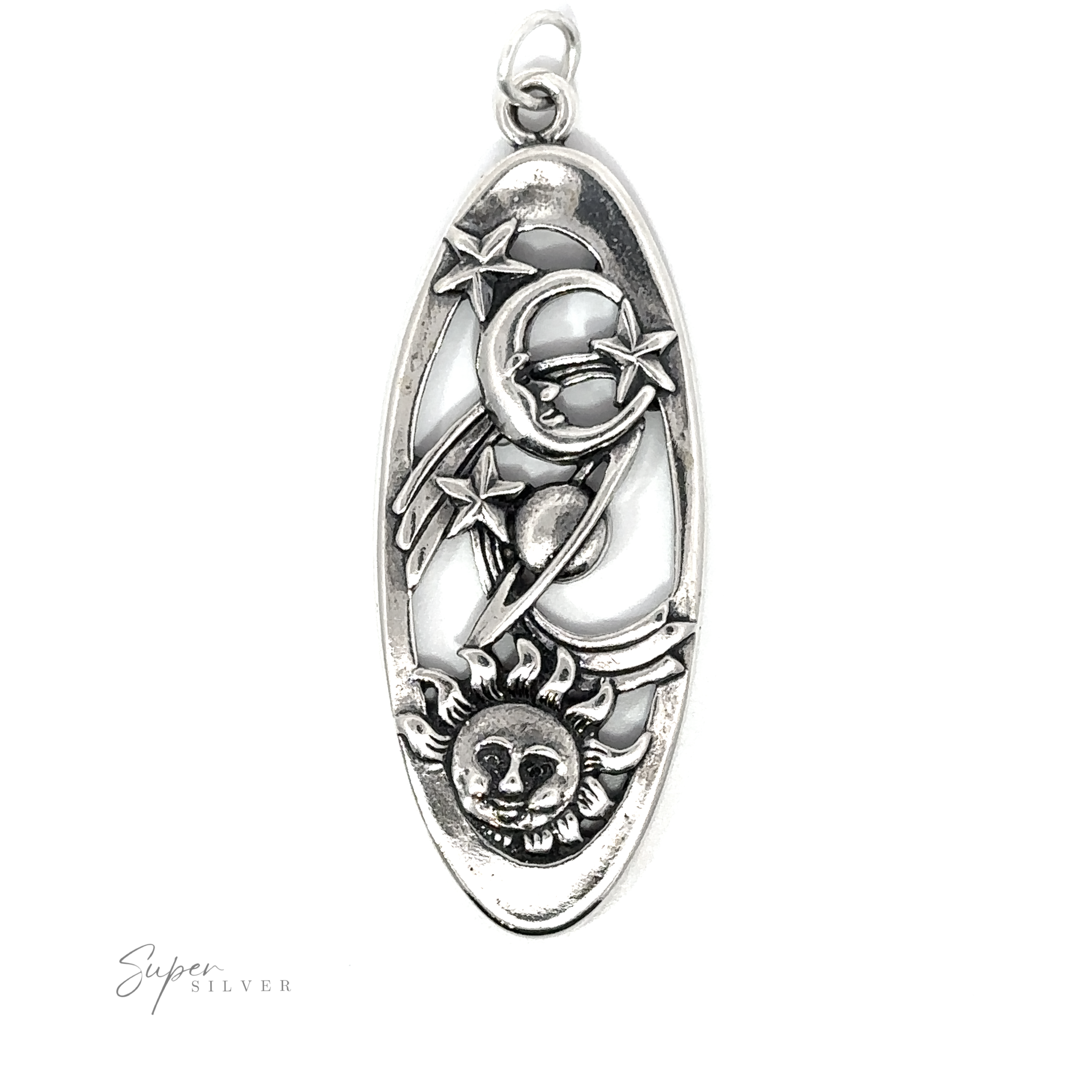 A Statement Space Pendant in .925 sterling silver with a sun and moon design.