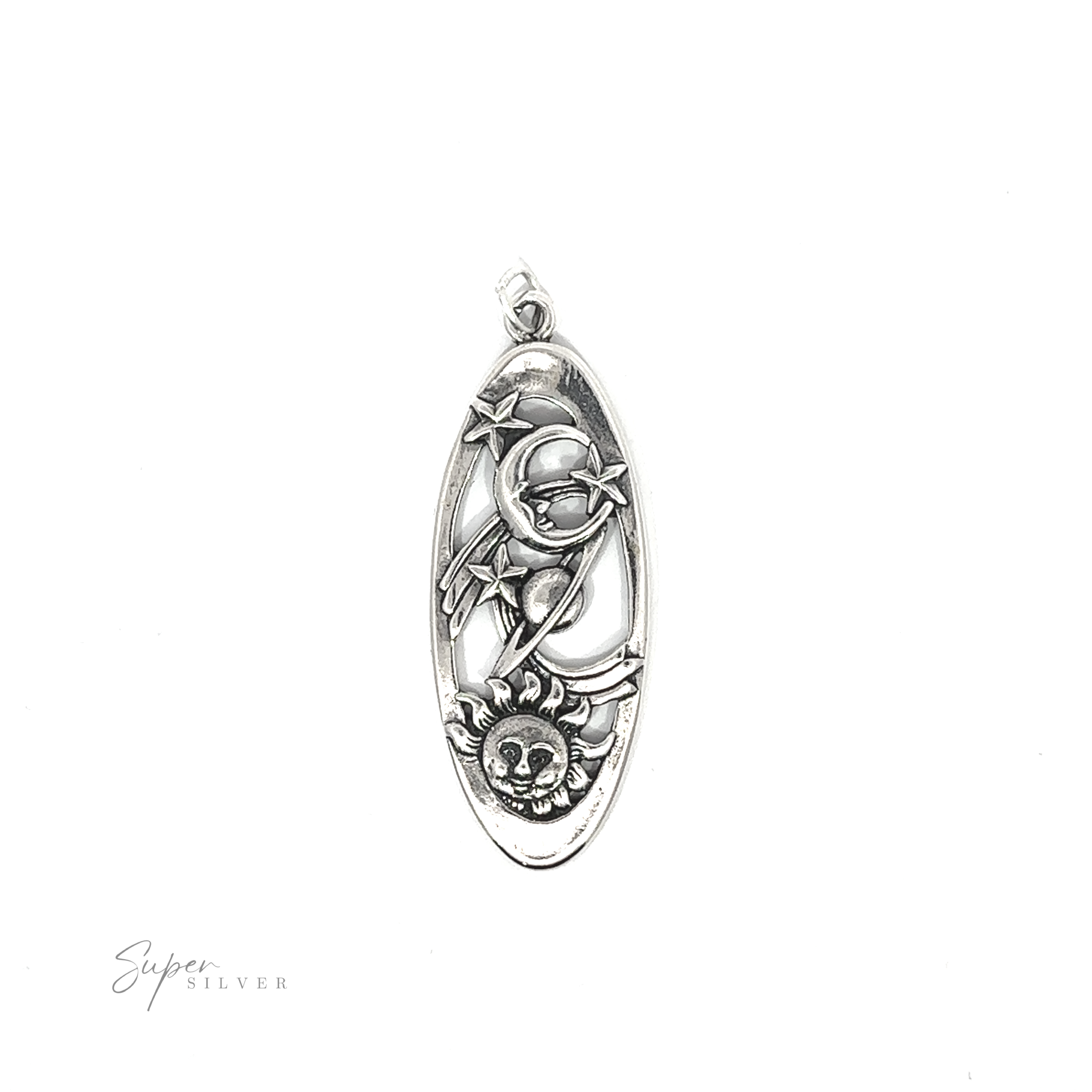 A Statement Space Pendant with a flower on it, made of .925 Sterling Silver.