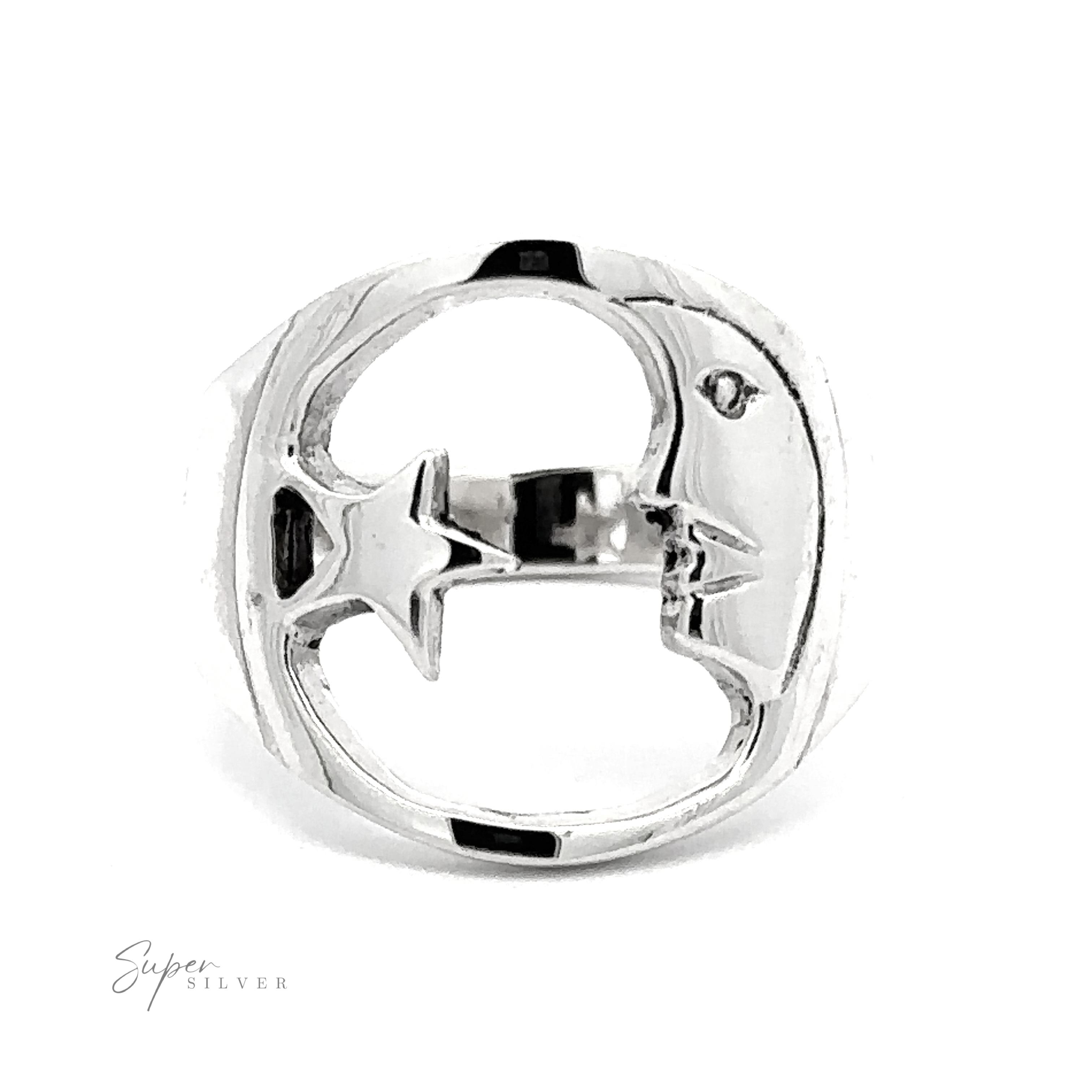 Celestial Moon And Star Ring featuring a circular band with three cut-out stars in the center, displayed against a white background.