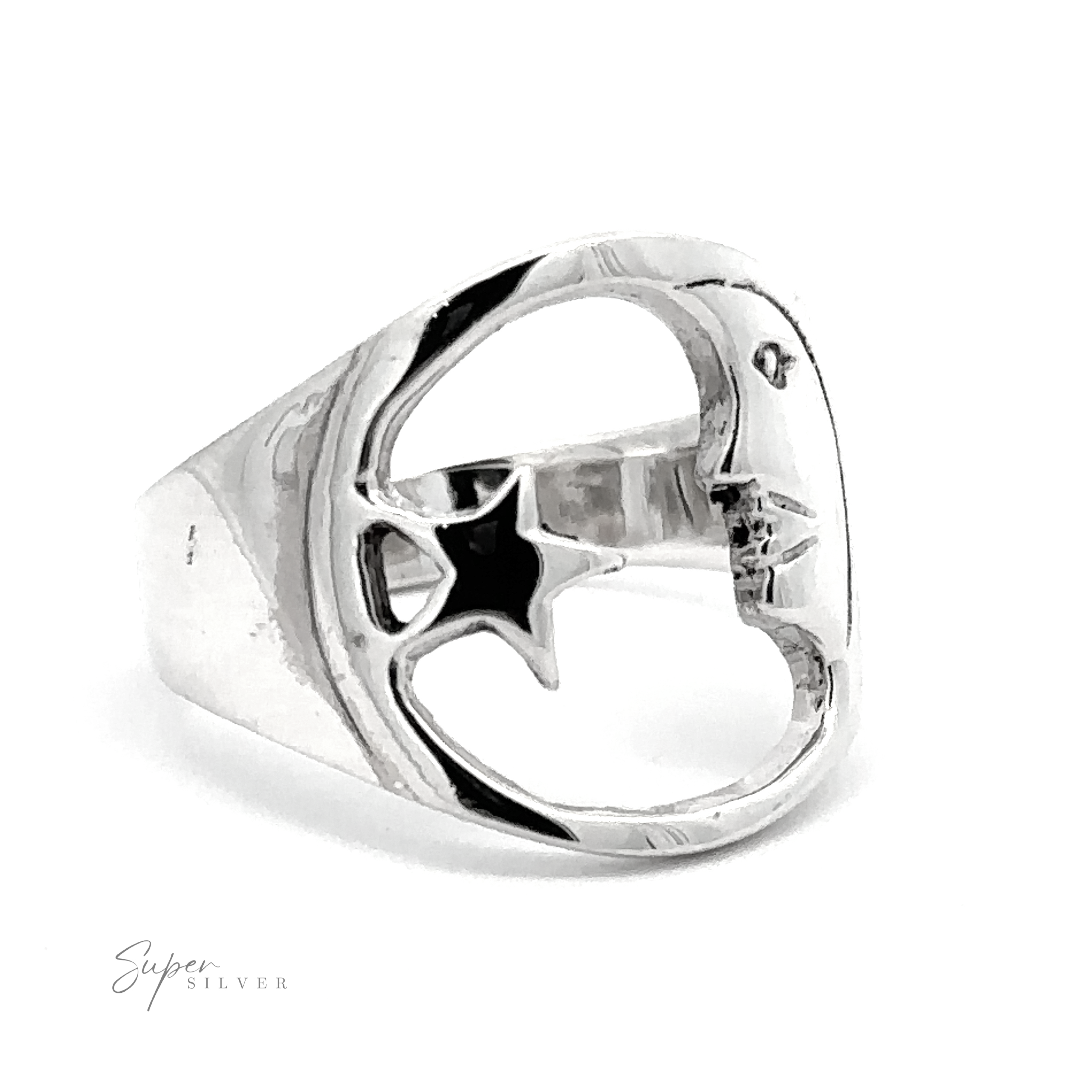 Celestial Moon And Star Ring with a cut-out star design on a white background.