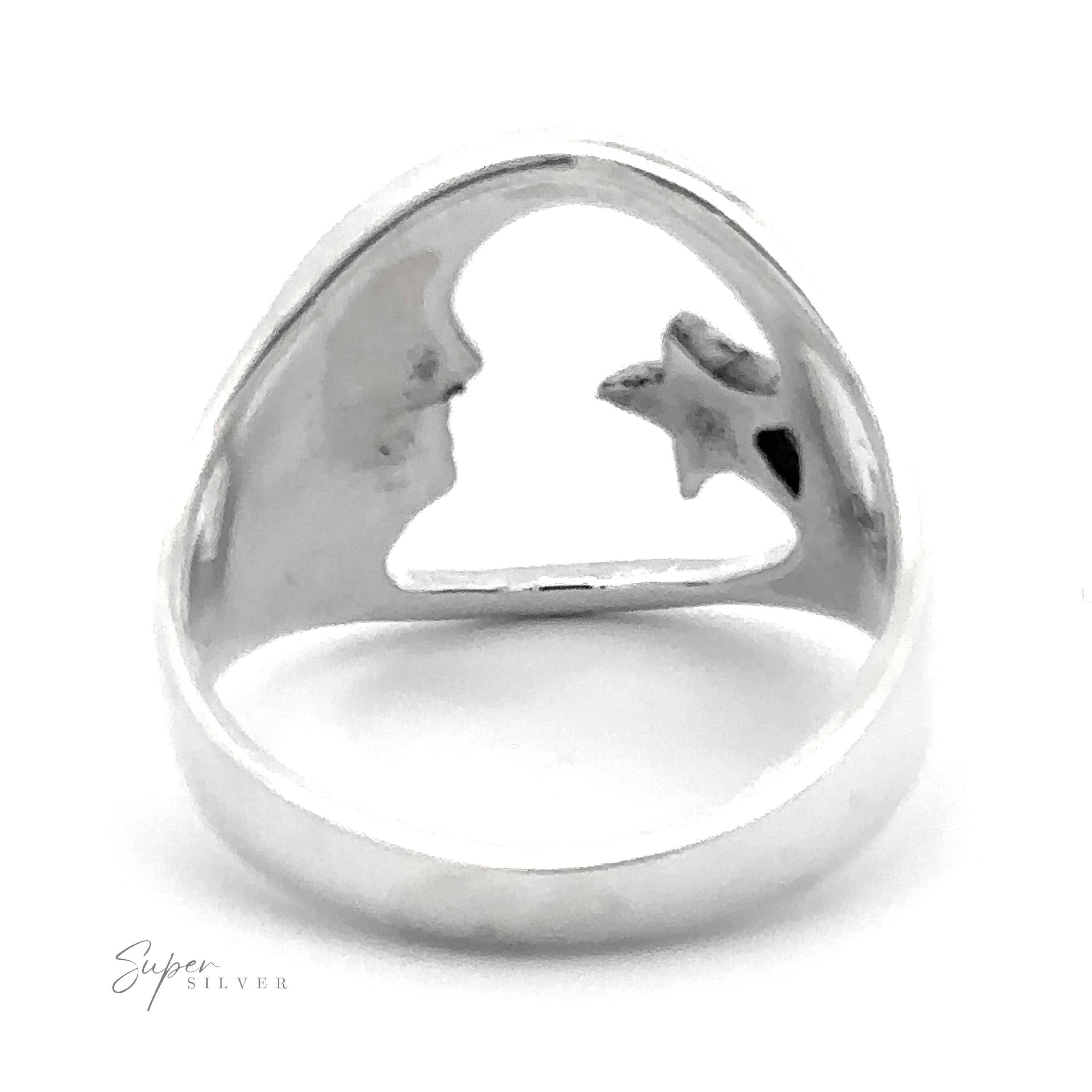 Celestial Moon And Star Ring featuring a silhouette cut-out design of a star and a crescent moon on a plain band, displayed on a white background.