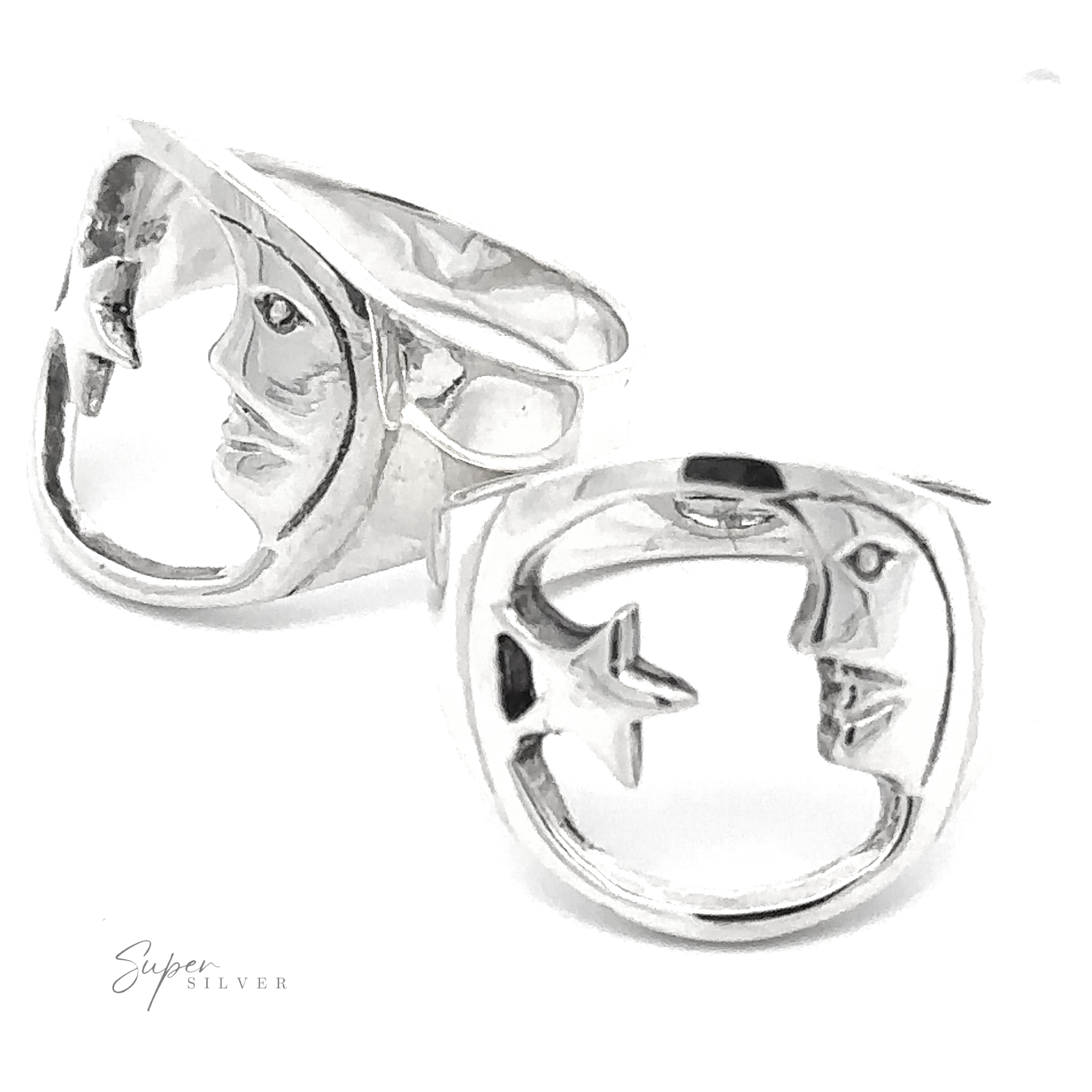 Two Celestial Moon And Star Rings with abstract face designs on a white background.