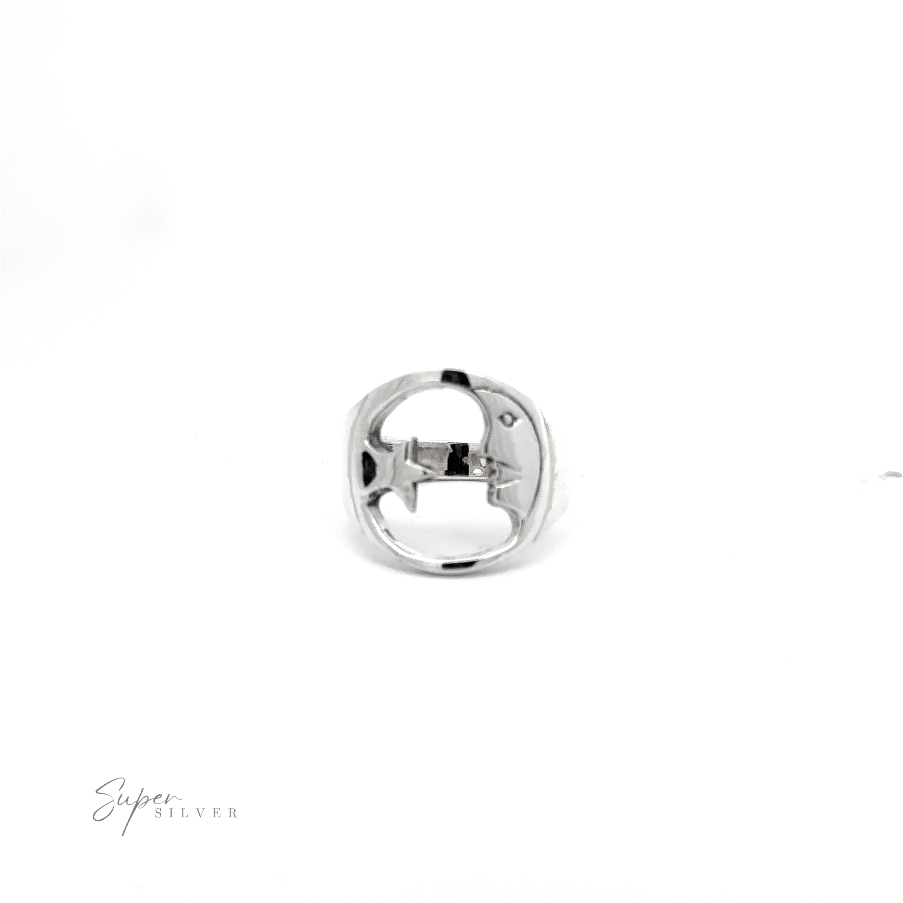A Celestial Moon And Star Ring with an intricate design, displayed against a white background with the words "super silver" written in cursive at the bottom.