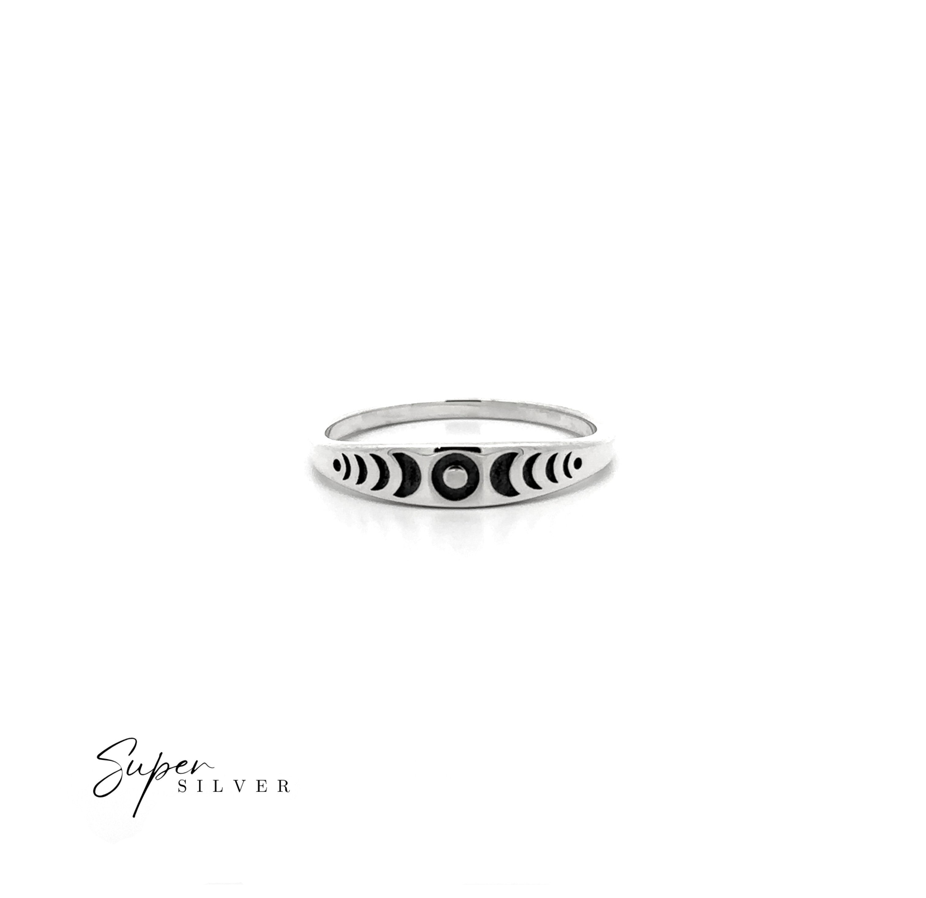 The Moon Phases Band, a sterling silver ring with engraved lunar phases, is shown on a white background with the Super Silver logo at the bottom left.