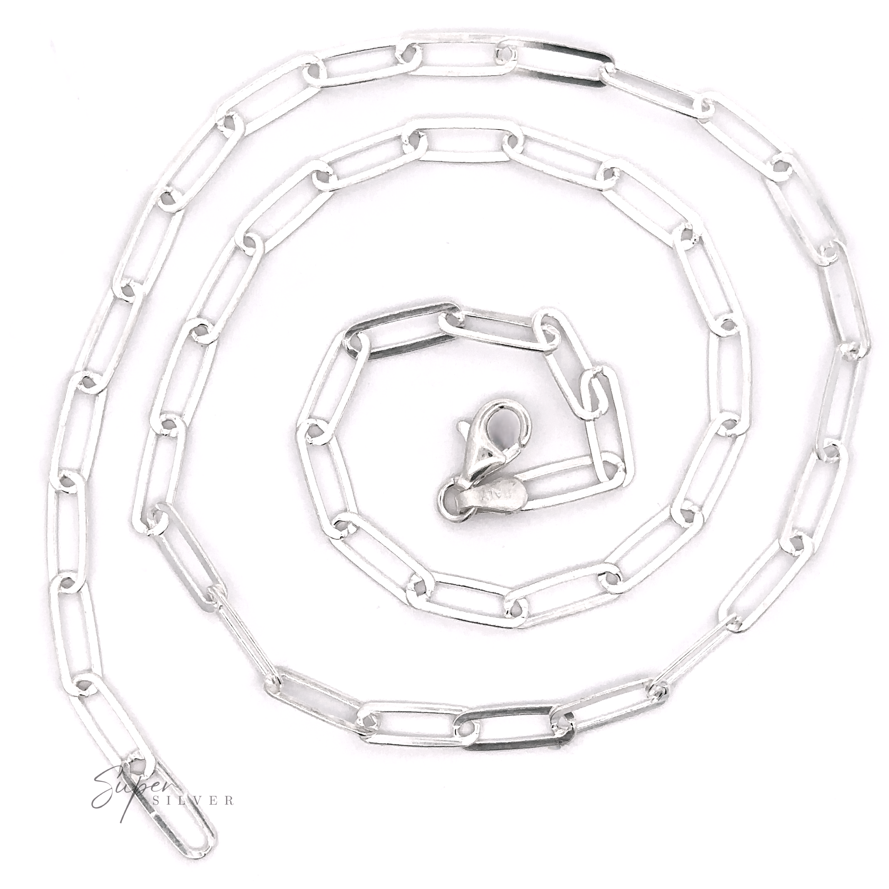 The Sterling Silver Paperclip Chain, featuring an elongated link design and a lobster clasp closure, showcases minimalist Italian craftsmanship as it is elegantly arranged in a spiral shape on a white background.