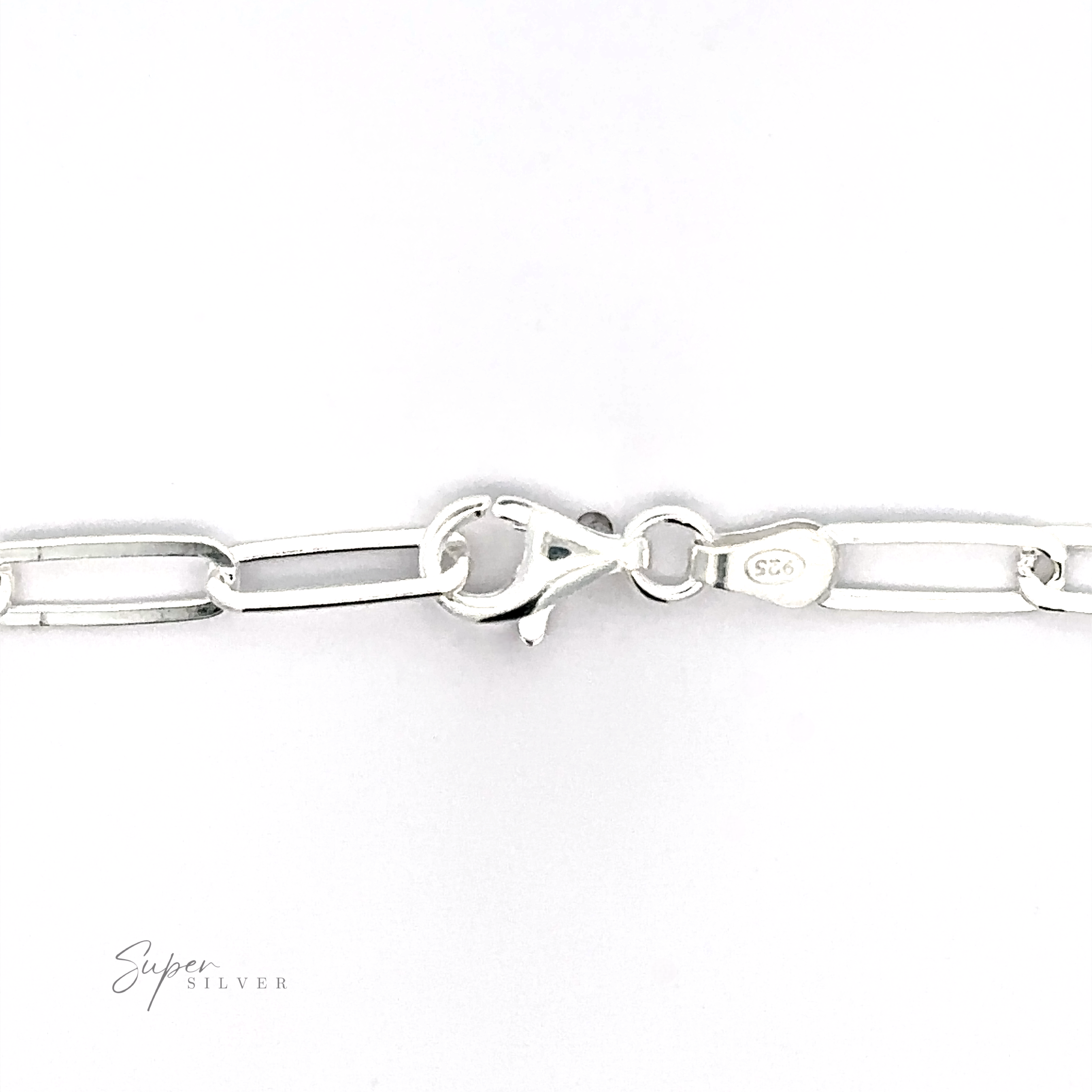 A close-up image showcases the Sterling Silver Paperclip Chain bracelet with a lobster clasp. The minimalistic design features a small "925" engraving, confirming its sterling silver material. The brand name "Super Silver" is on the lower left, highlighting Italian craftsmanship.
