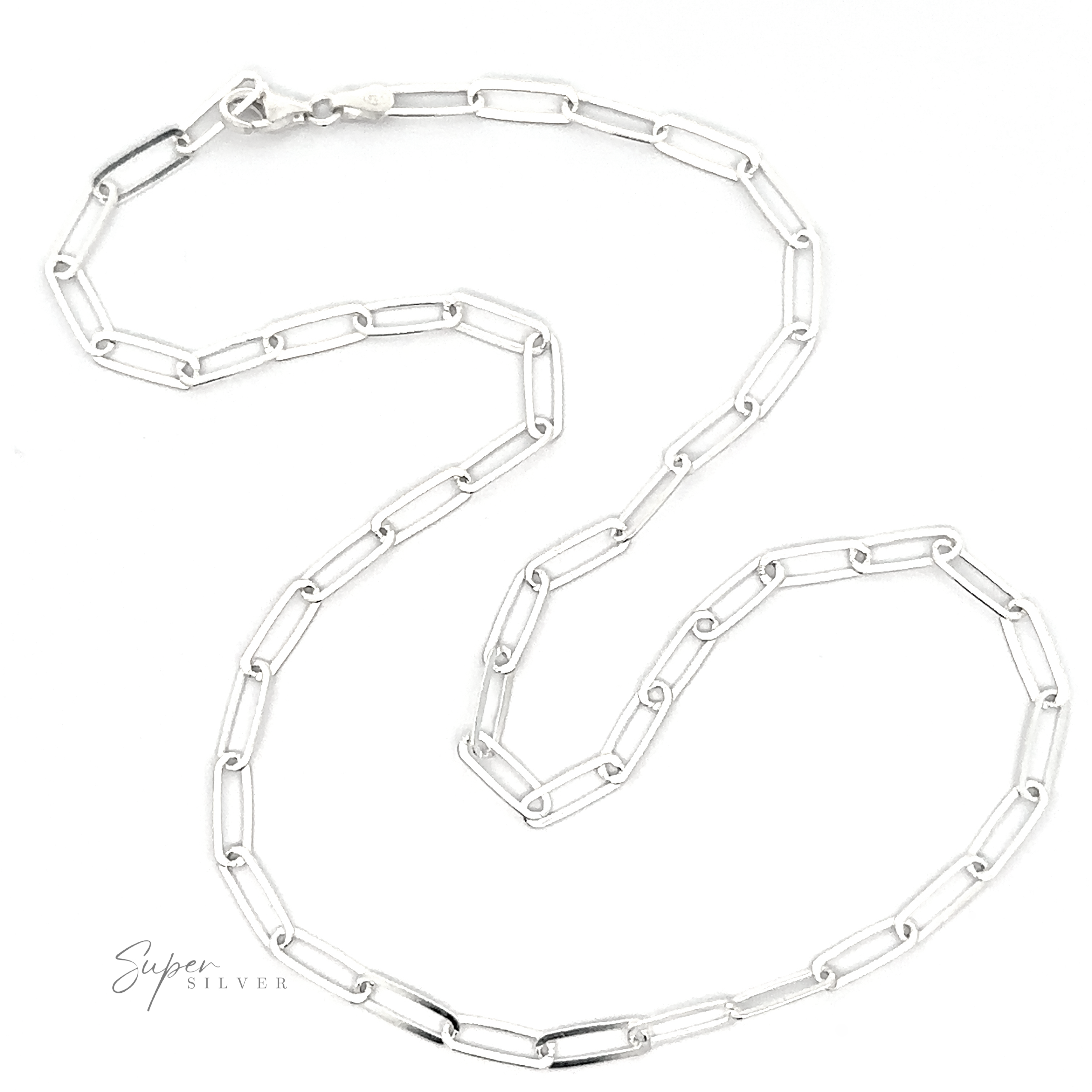 The Sterling Silver Paperclip Chain is displayed on a white background, featuring rectangular links arranged in an S-shape and the text "Super Silver" in the lower-left corner. This necklace exemplifies Italian craftsmanship and minimalistic design.