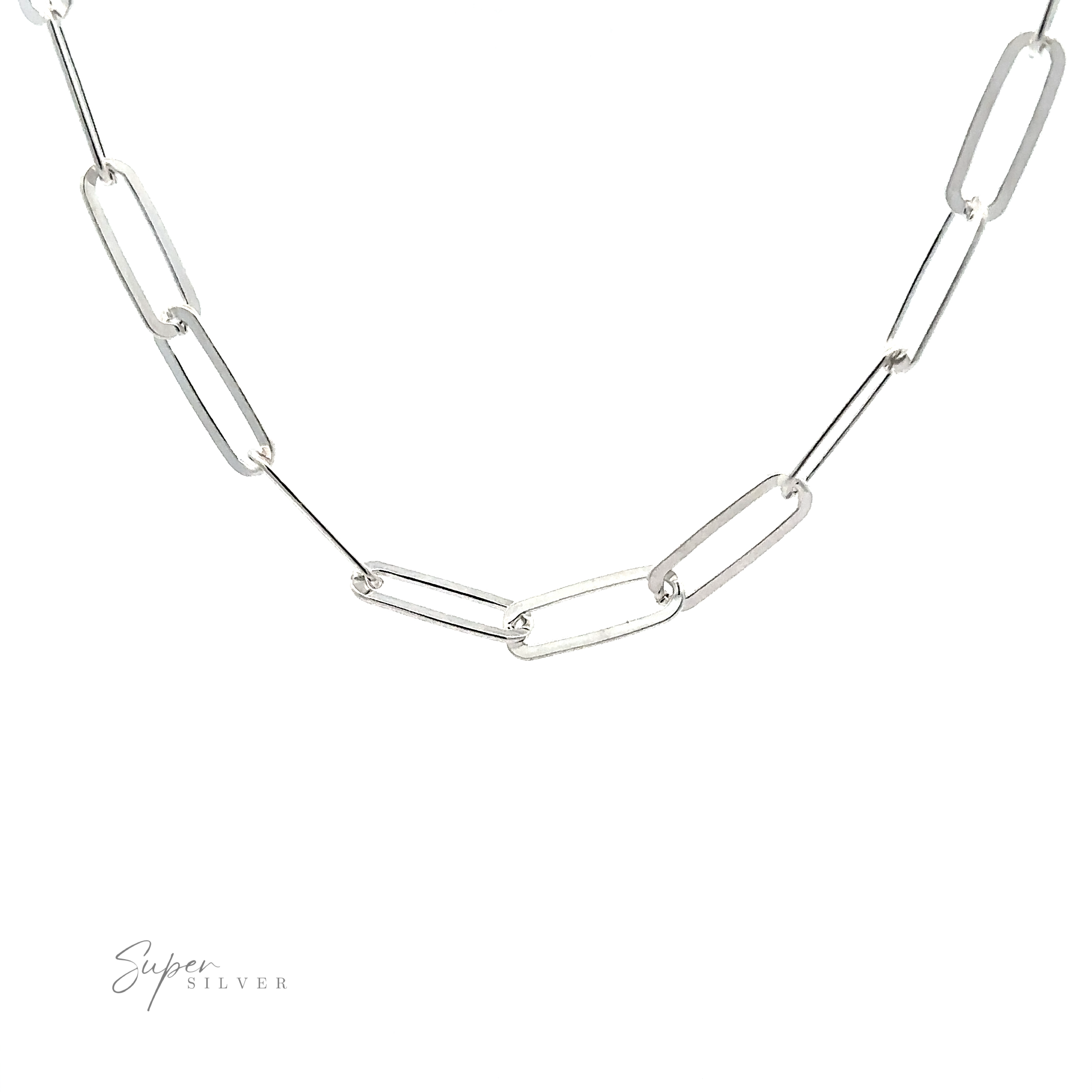 A Sterling Silver Paperclip Chain is displayed against a white background, showcasing its minimalistic design with elongated oval links. The brand name "Super Silver" appears in the bottom left corner, highlighting Italian craftsmanship.