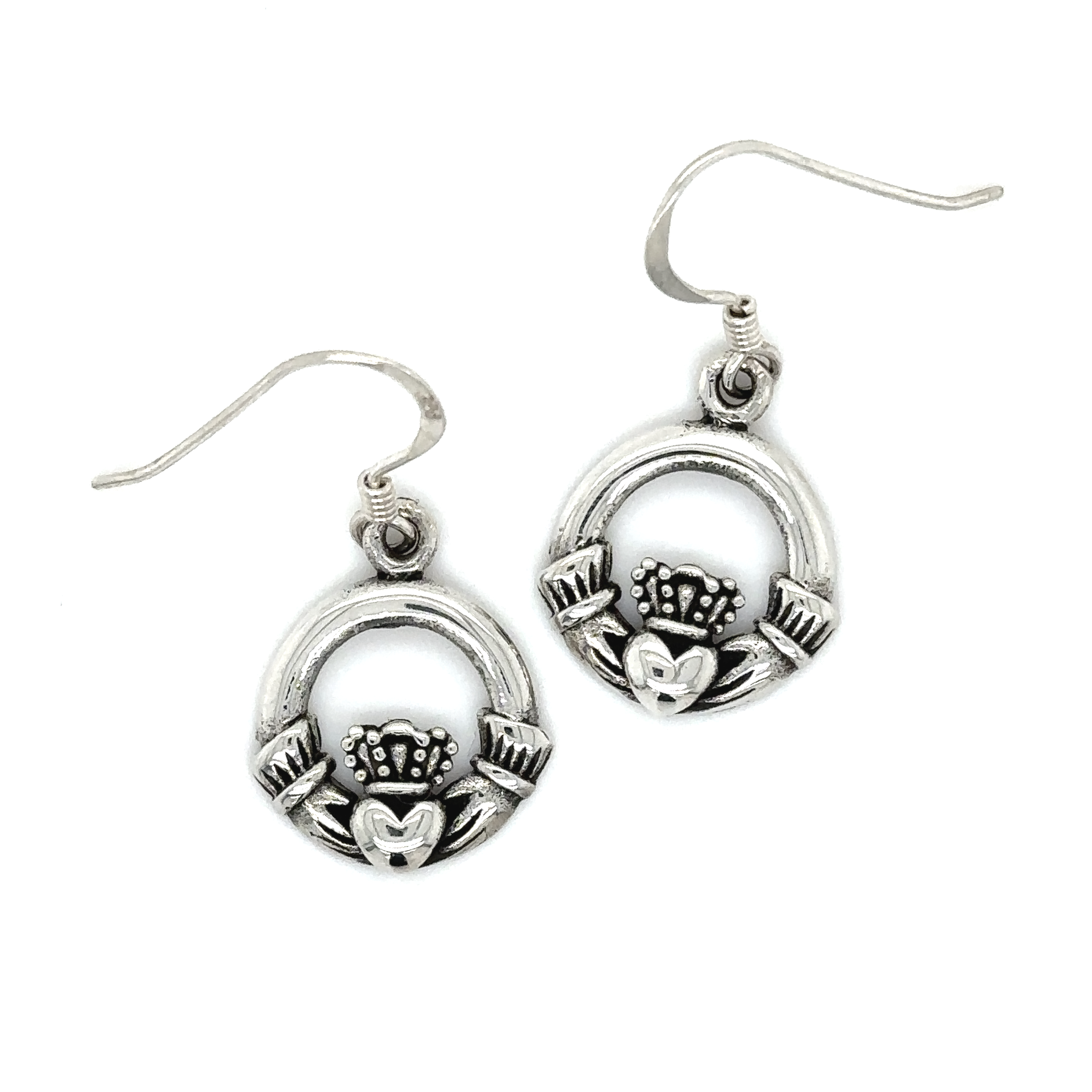 A pair of Super Silver Claddagh earrings on a white background.
