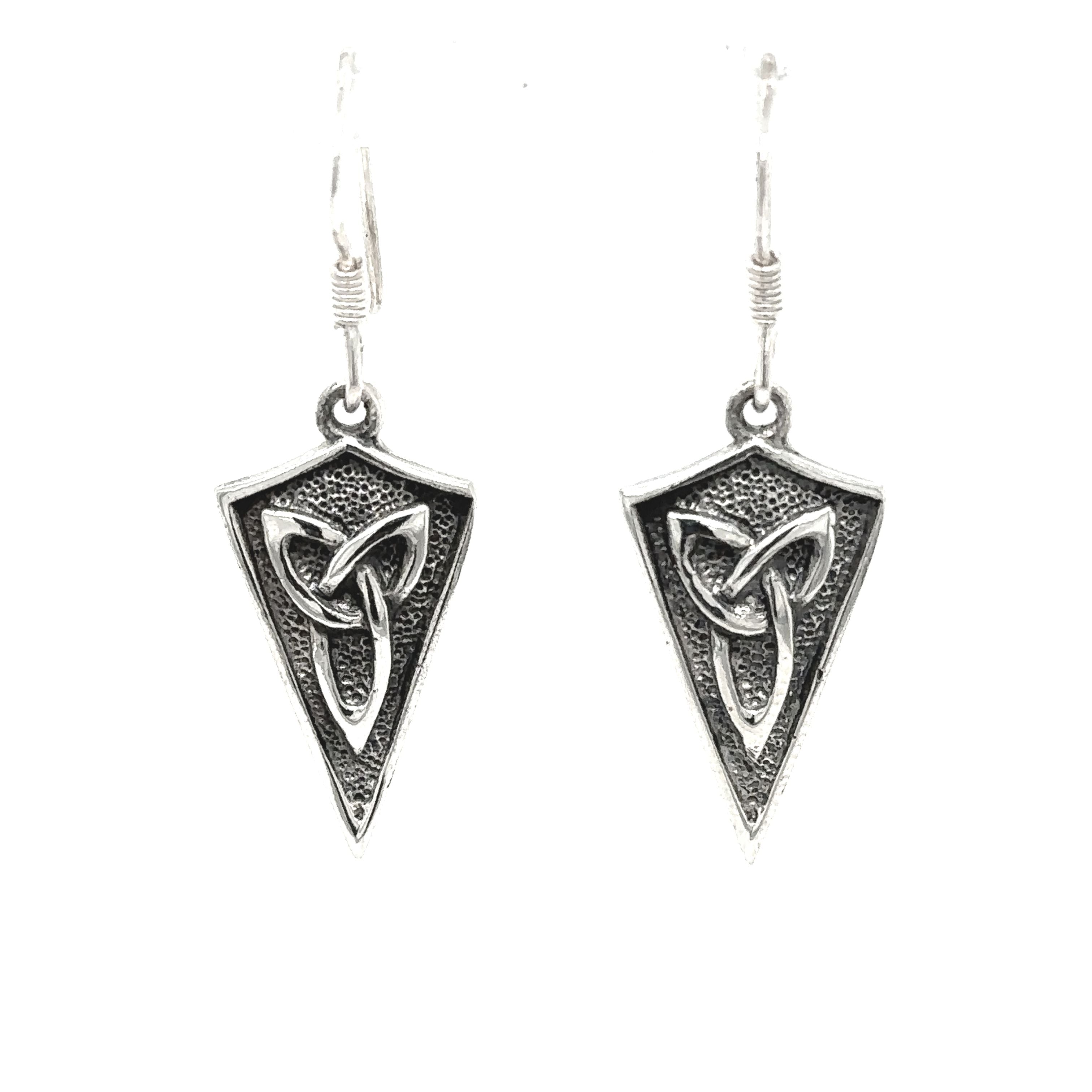 A pair of Super Silver Celtic Trinity Shield Earrings with a Trinity Knot design that symbolizes love and unity.