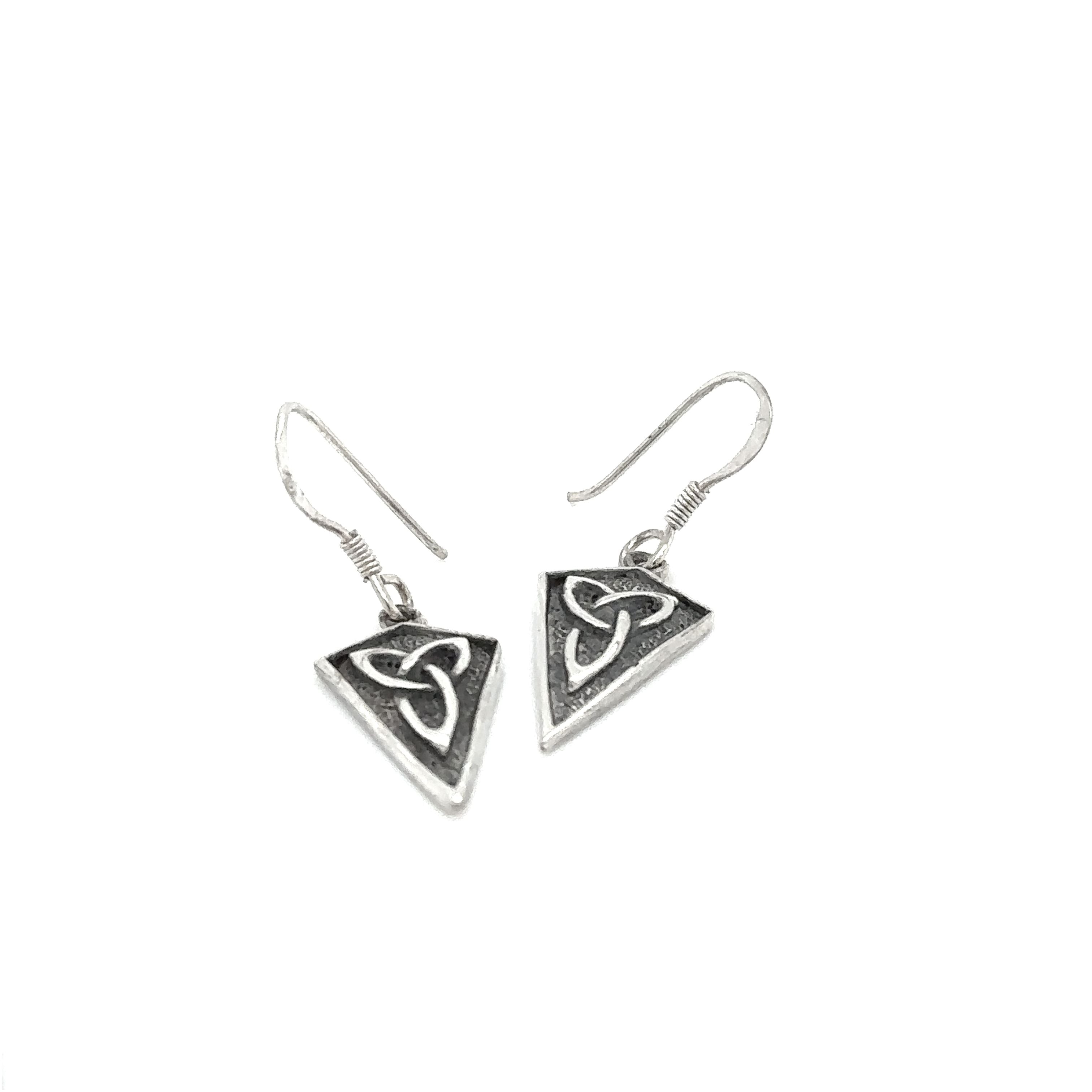 A pair of Super Silver Celtic Trinity Shield Earrings with a celtic design featuring the Celtic trinity knot, symbolizing love and unity.