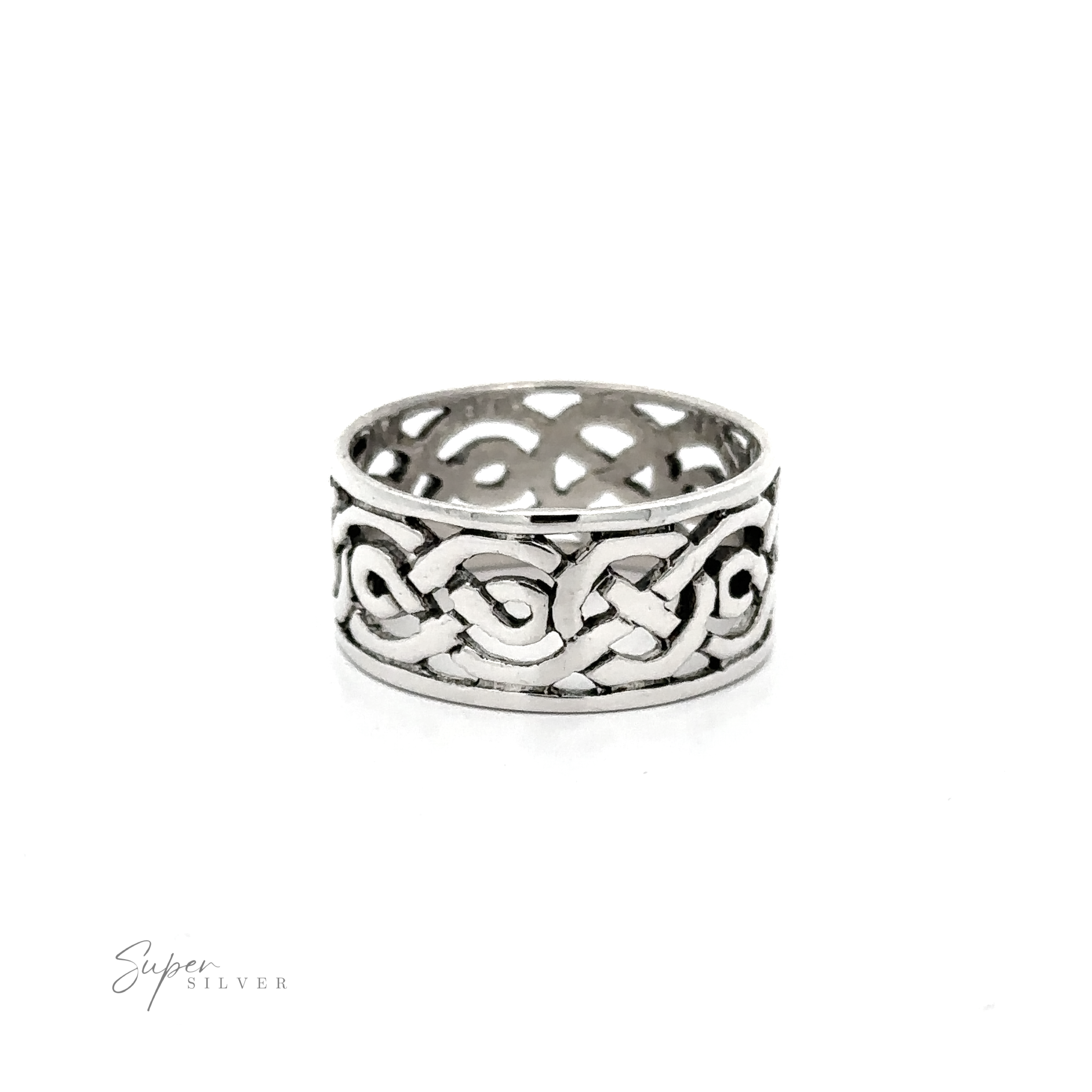 A comfortable sterling silver ring with a Wide Celtic Knot Band, perfect for everyday wear.