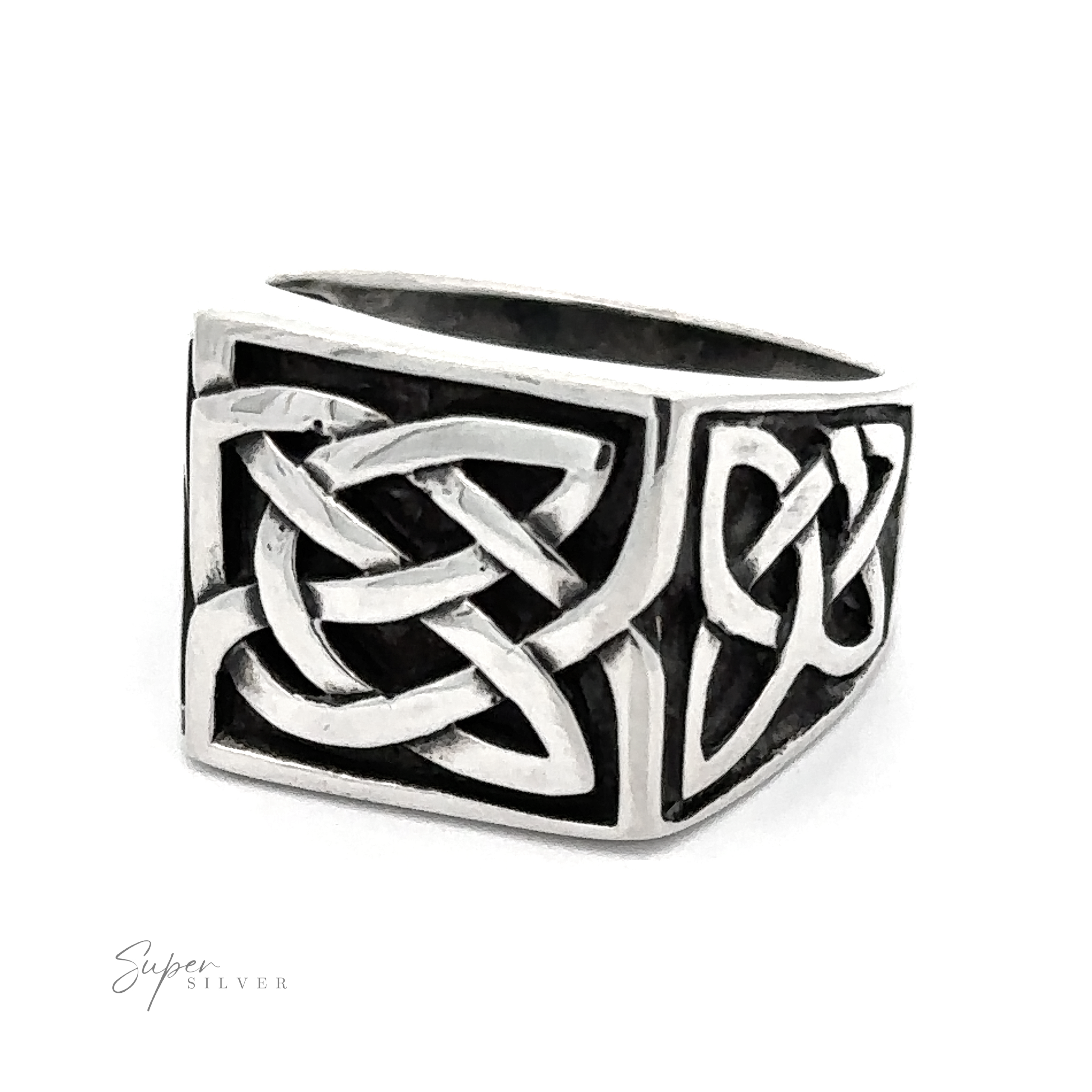 A luminous .925 Sterling Silver Signet Celtic Knot Ring adorned with a captivating Celtic Knot design.