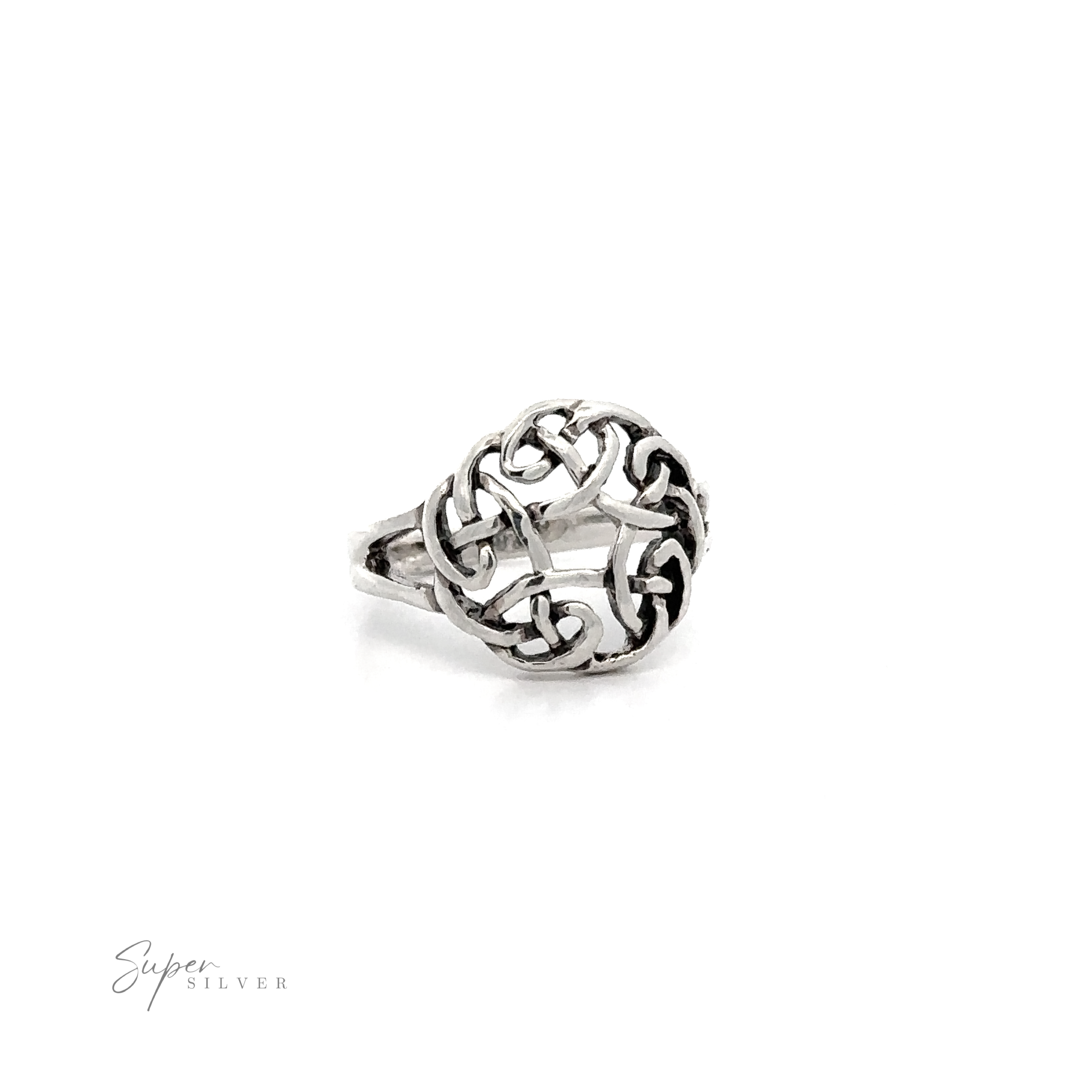 A .925 sterling silver Celtic Knot Ring with a Celtic design.