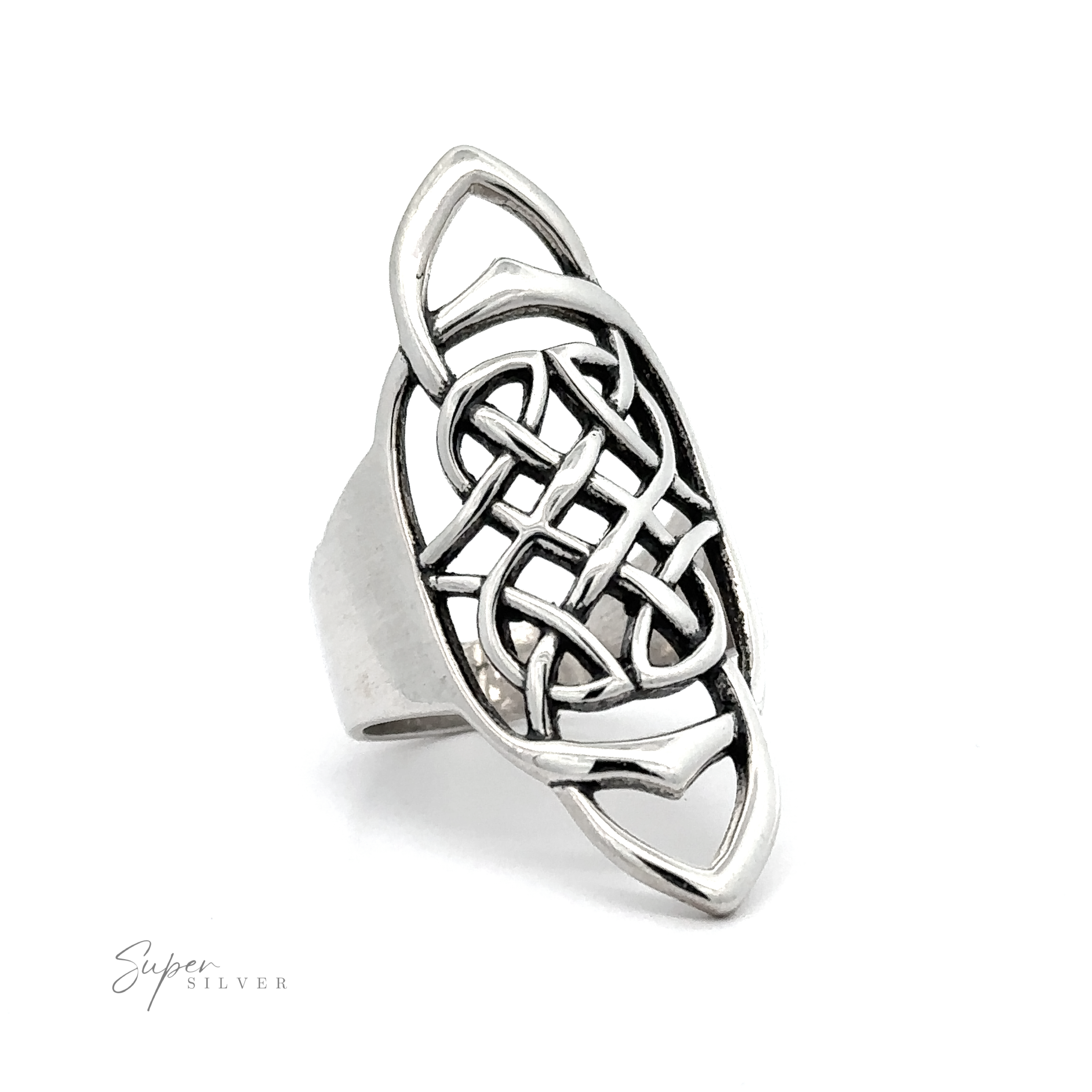 An elongated Celtic knot ring with a wider band sterling silver ring.