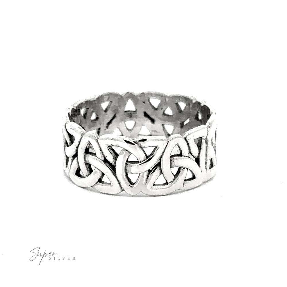 
                  
                    A Wide Celtic Trinity Knot Band displayed against a white background, featuring an intricate, interwoven design.
                  
                