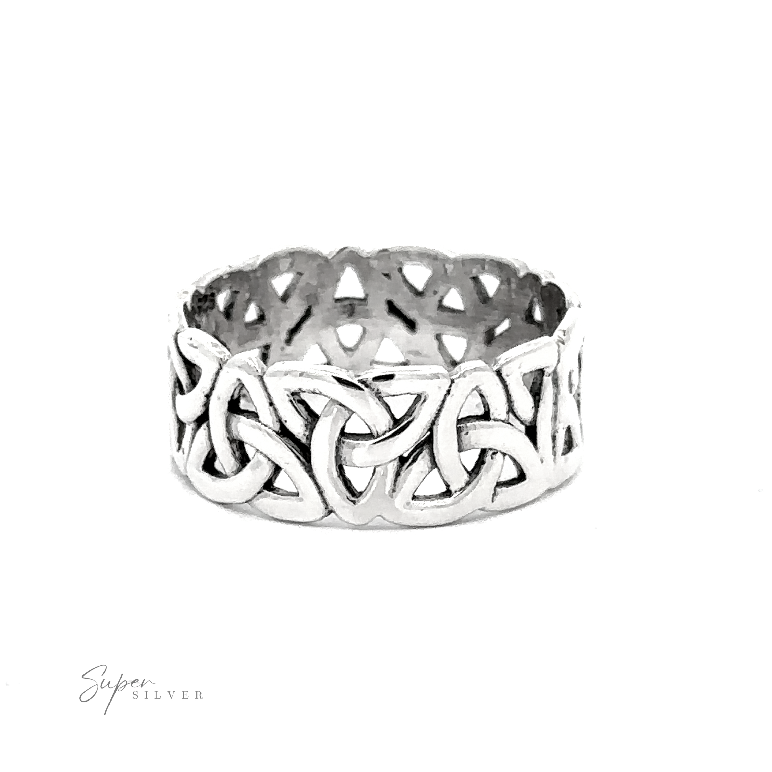 A Wide Celtic Trinity Knot Band displayed against a white background, featuring an intricate, interwoven design.