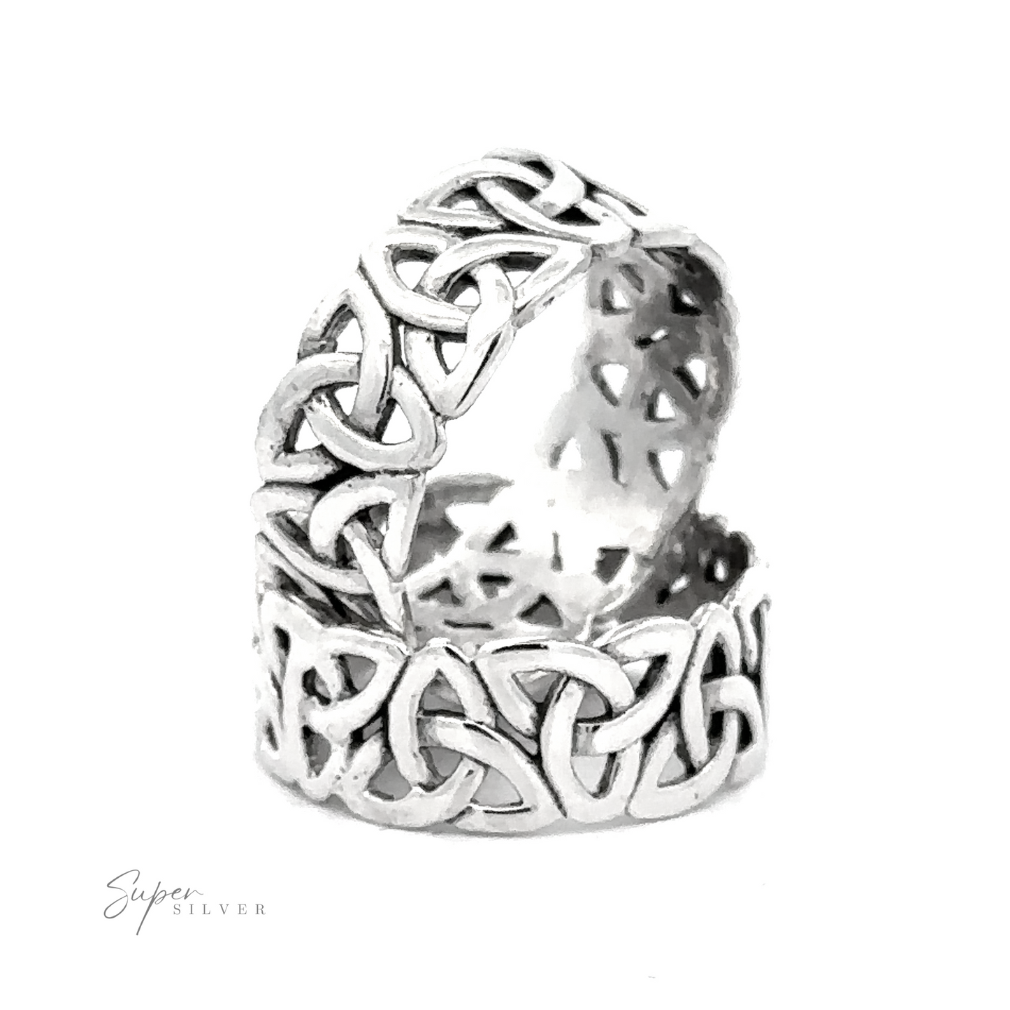 Wide Celtic Trinity Knot Band ring with intricate openwork design, displayed against a plain white background. The ring's band curves slightly outward.