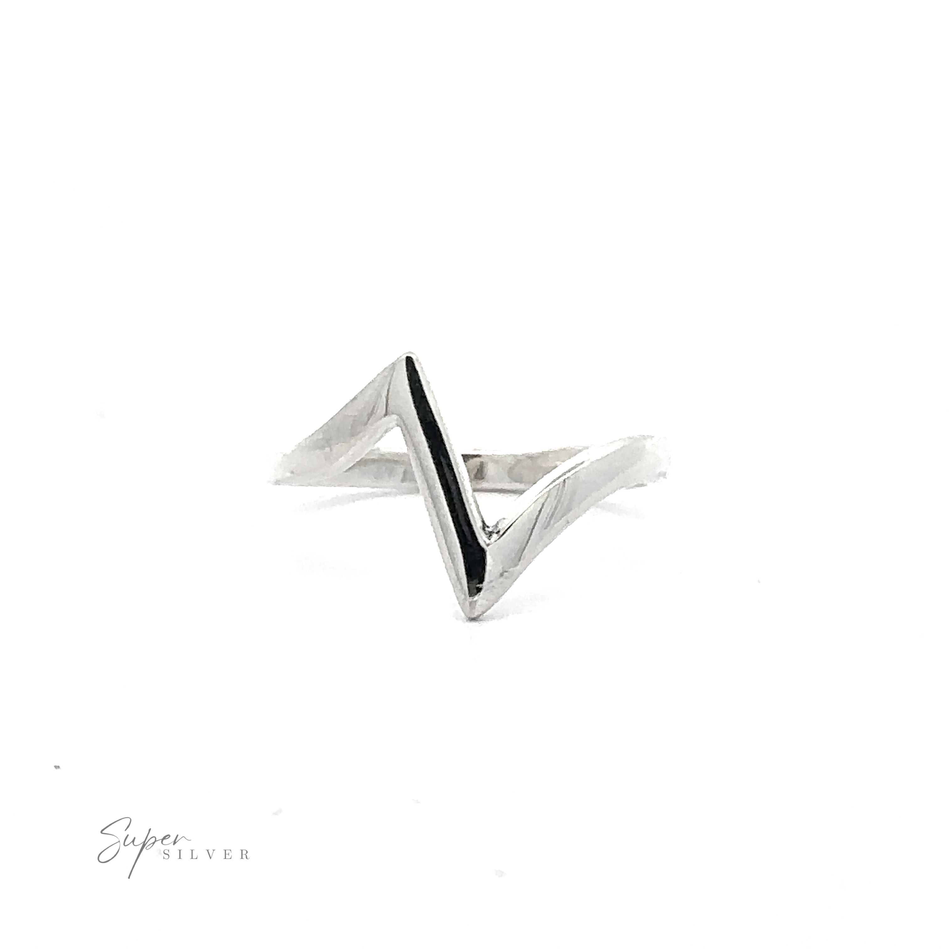 A Simple Zig-Zag Ring displayed against a white background with the text "super silver" in a handwritten script at the bottom.