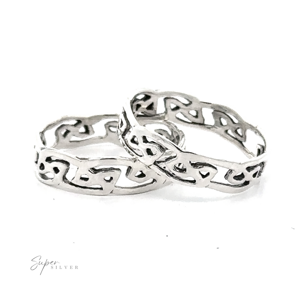Two Wavy Celtic Knot Rings intertwined, displayed on a white background with a logo reading "super silver" in a handwritten font.