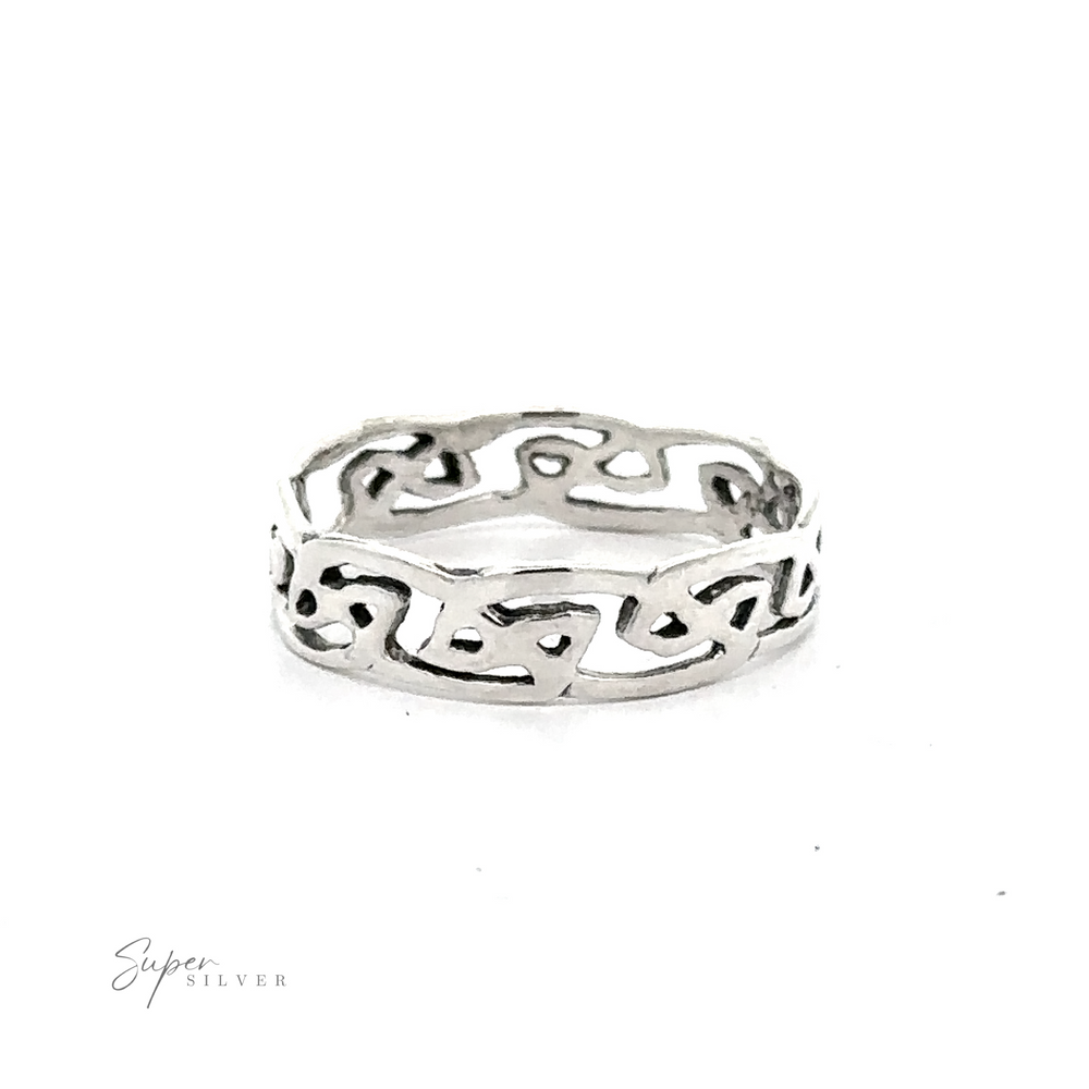 
                  
                    Wavy Celtic Knot Ring with cut-out geometric pattern on a white background.
                  
                