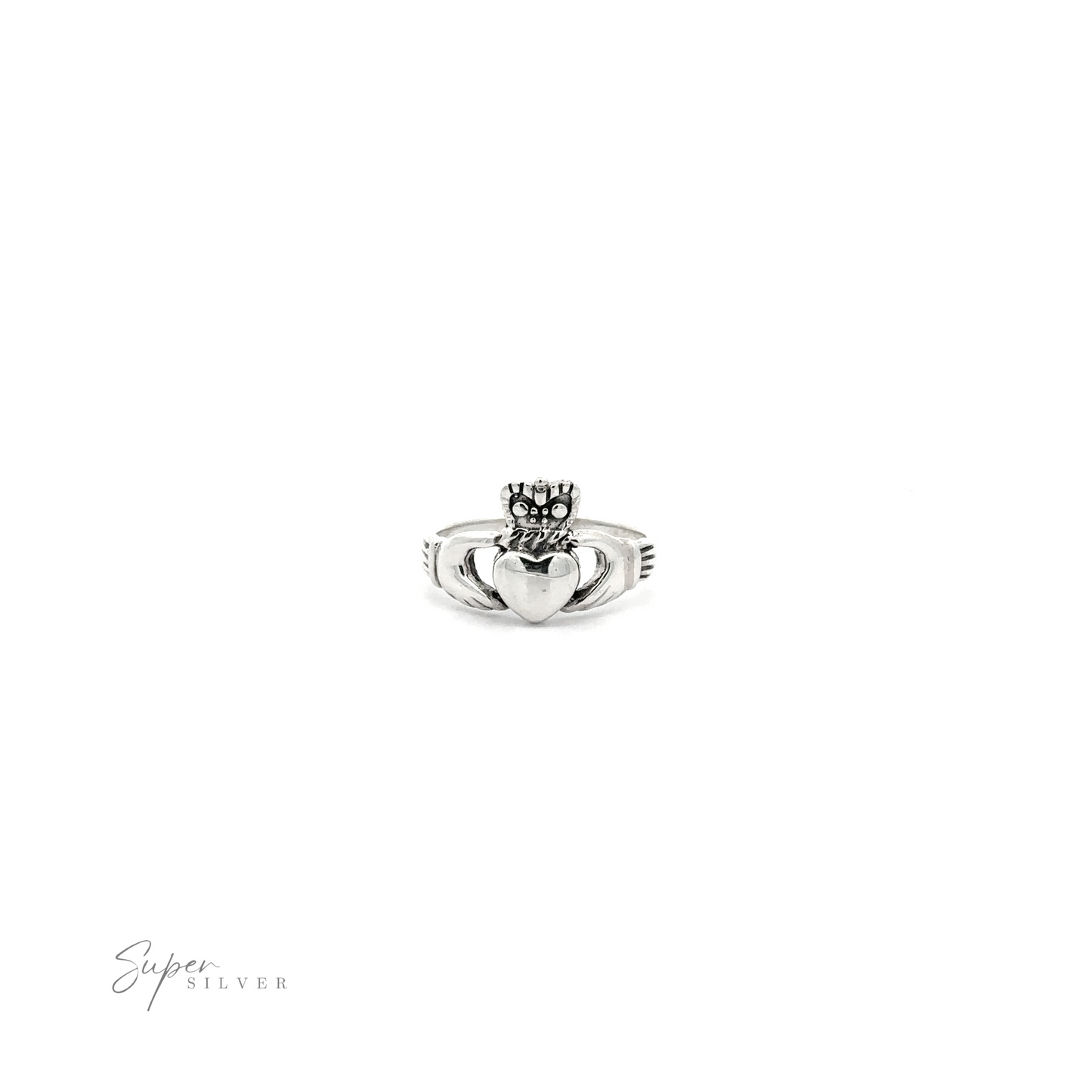 
                  
                    Silver Claddagh Ring featuring a heart and crown design, displayed on a plain white background with "super silver" signature at the bottom.
                  
                