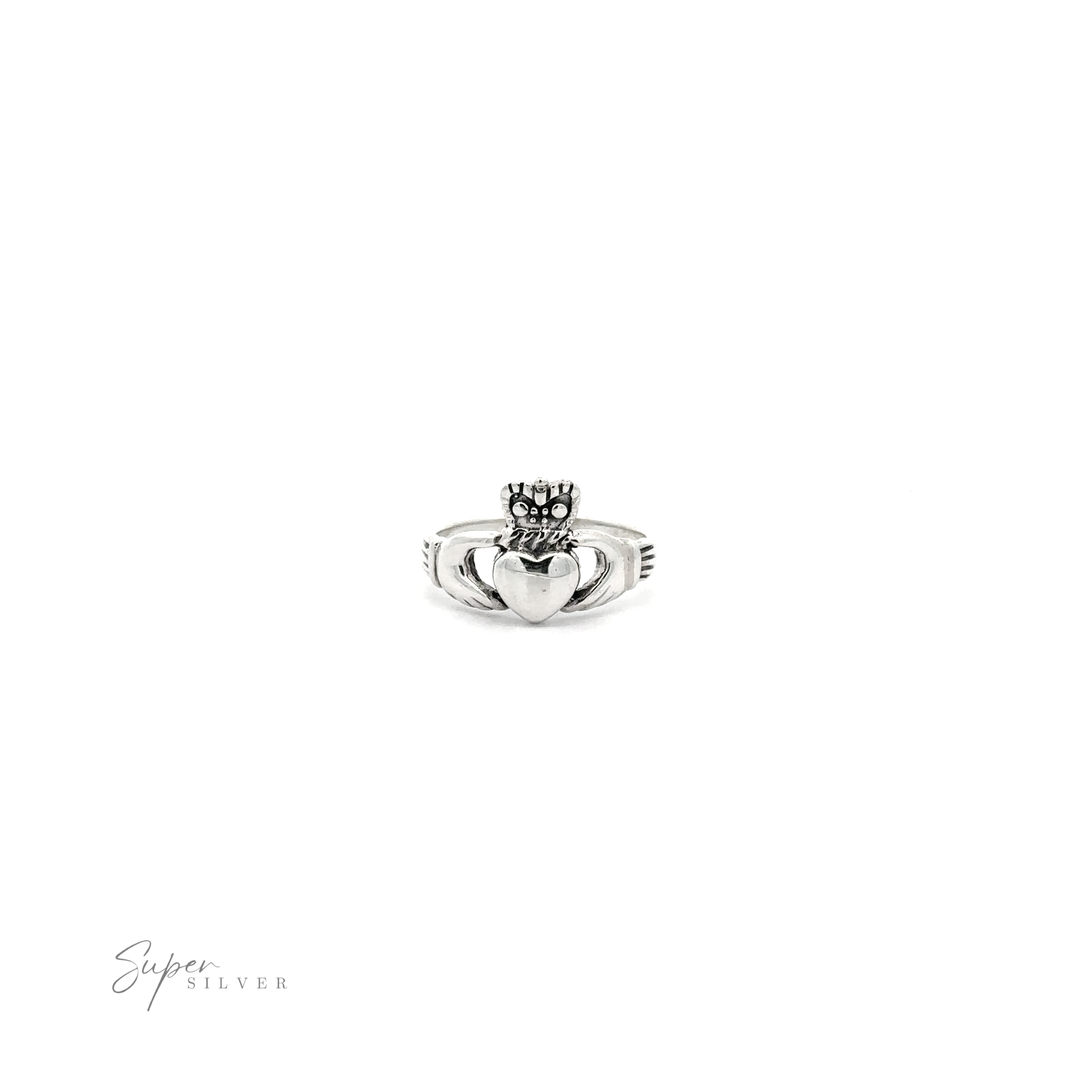 Silver Claddagh Ring featuring a heart and crown design, displayed on a plain white background with "super silver" signature at the bottom.