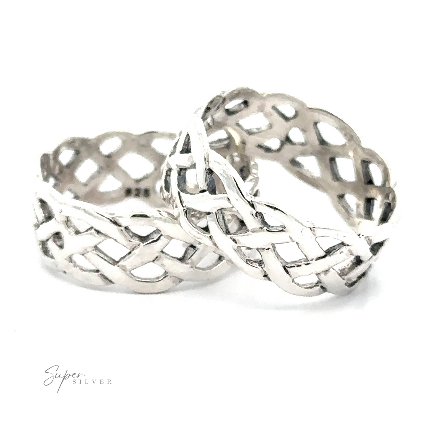 Two intertwined Wide Silver Woven Celtic Knot Bands with intricate openwork designs, displayed on a white background.