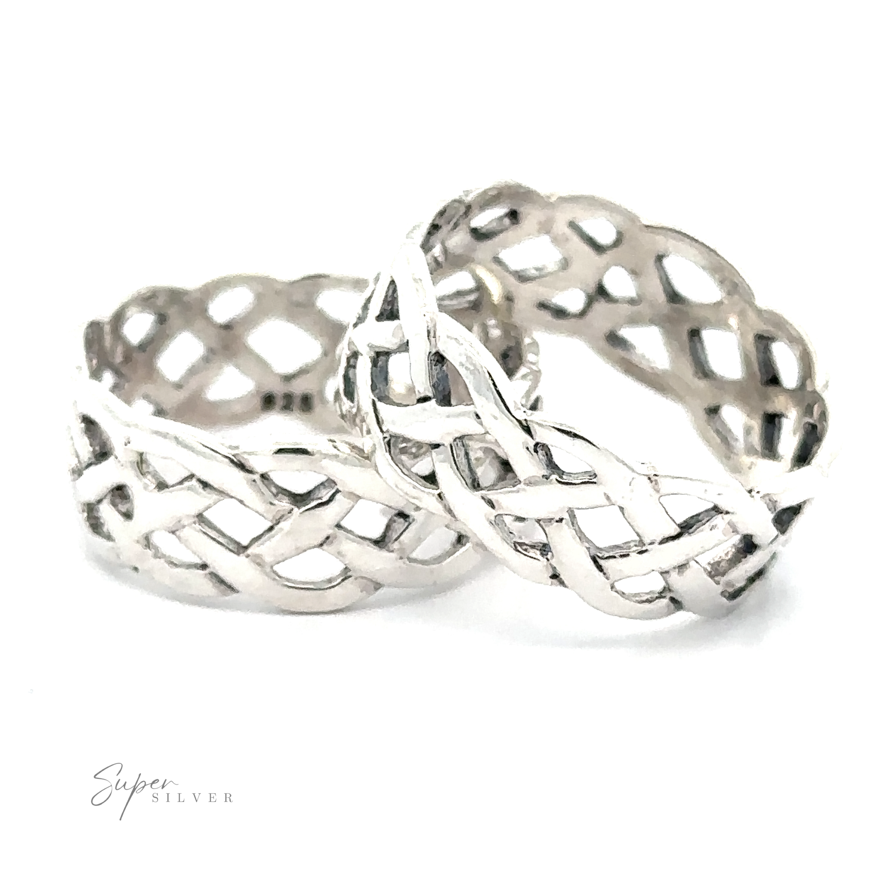 Two intertwined Wide Silver Woven Celtic Knot Bands with intricate openwork designs, displayed on a white background.