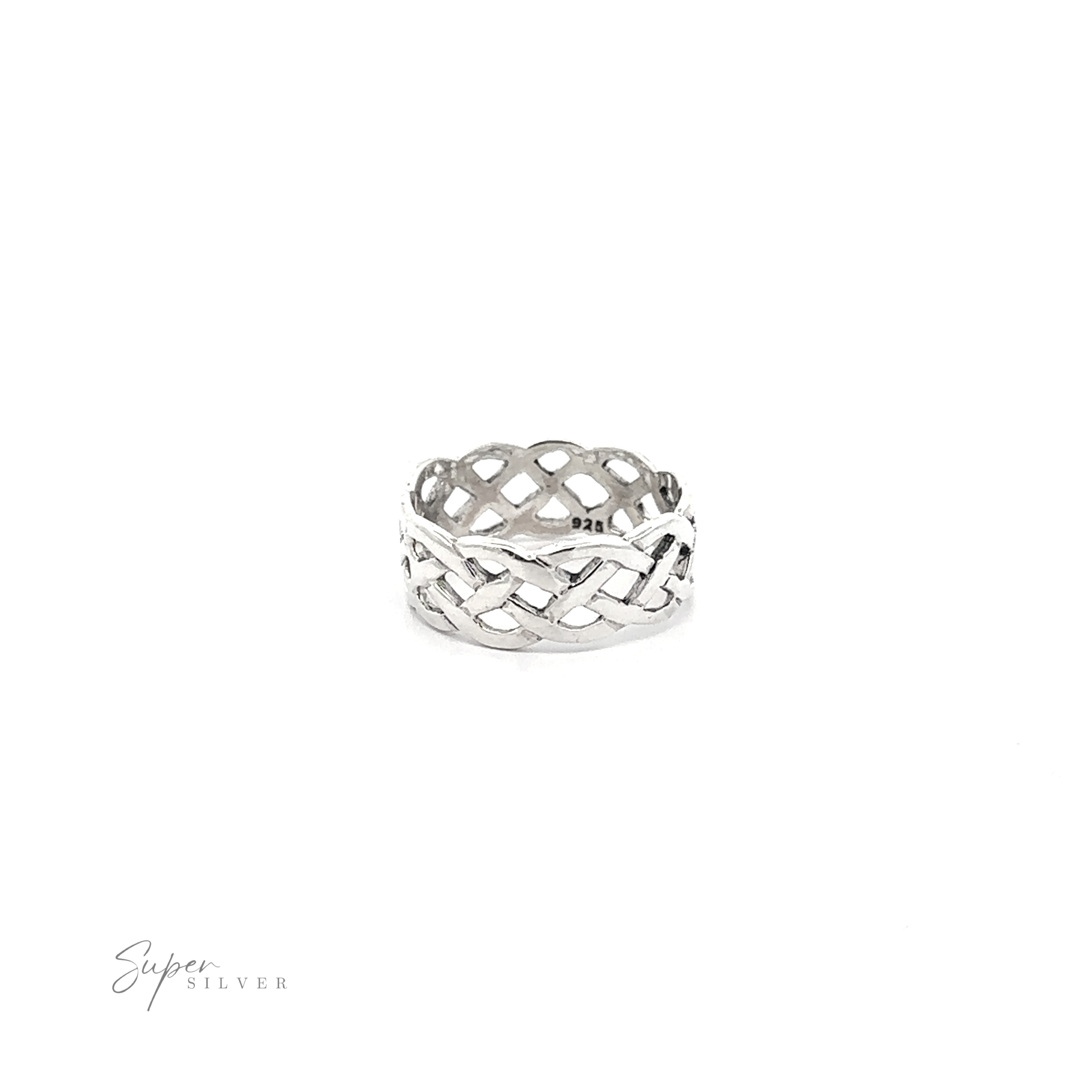 Wide Silver Woven Celtic Knot Band displayed on a white background with the text "super silver" in elegant cursive script.