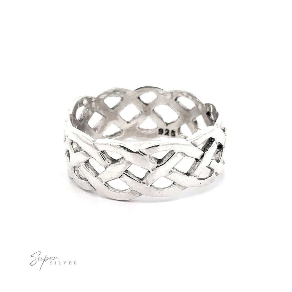 Wide Silver Woven Celtic Knot Band ring with intricate openwork design, displayed on a plain white background.