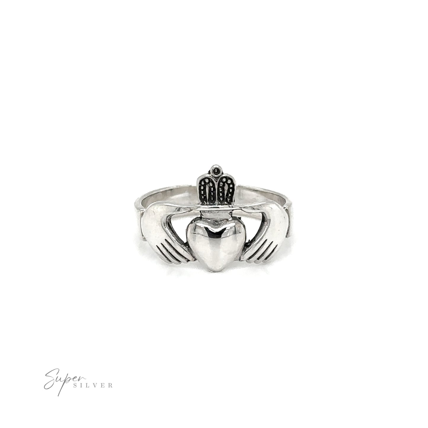 A silver Thick Claddagh ring featuring a crown and heart, symbolizing loyalty and love.