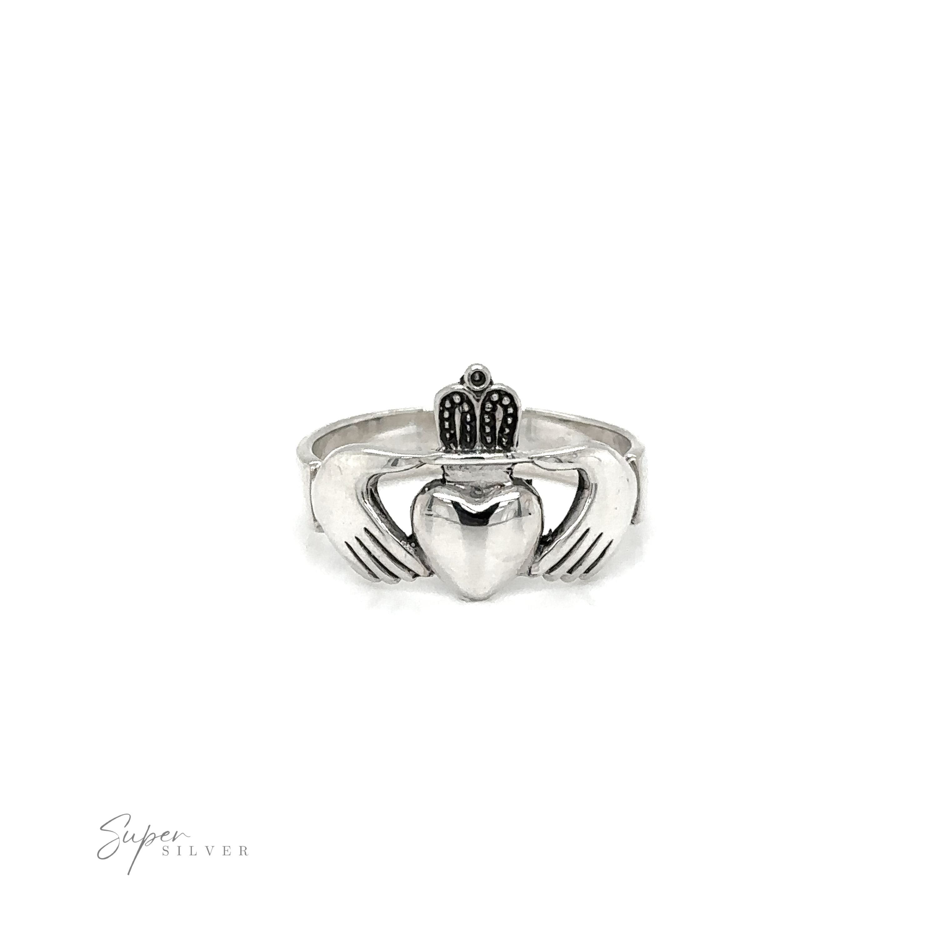 A silver Thick Claddagh ring featuring a crown and heart, symbolizing loyalty and love.
