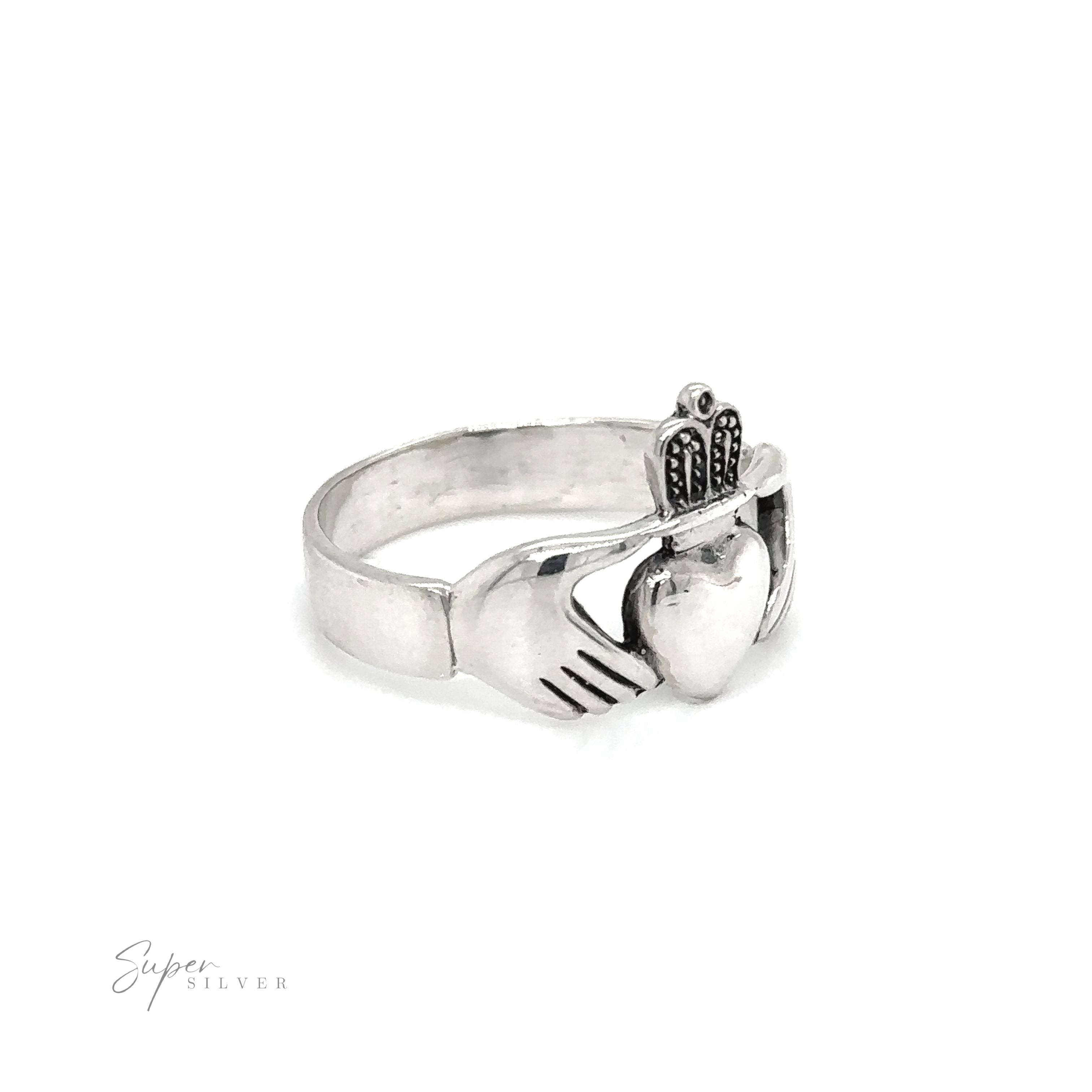 A silver Thick Claddagh ring featuring a crown and heart, symbolizing love and loyalty.