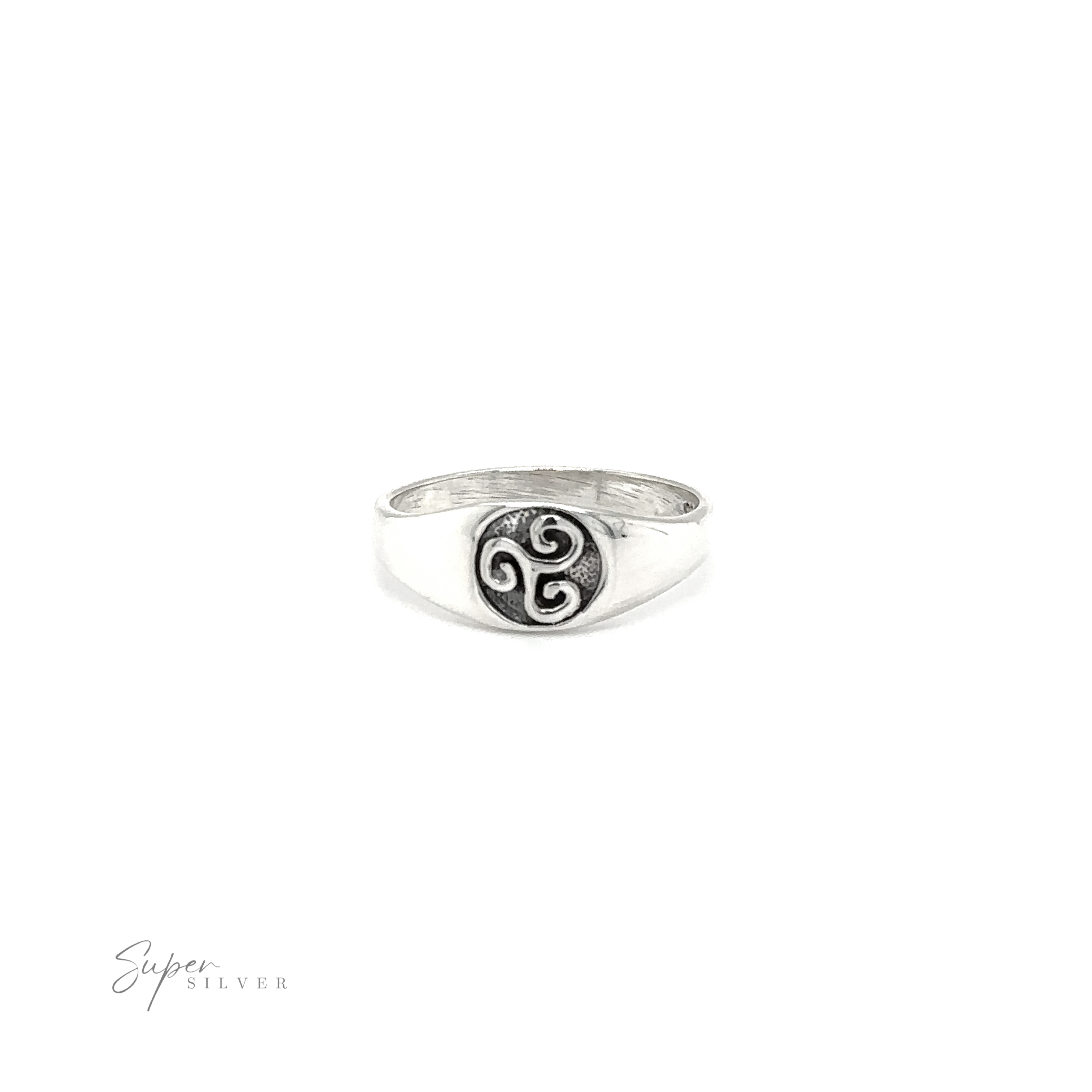 A sterling silver Celtic Spiral signet ring with a celtic knot symbol on it.