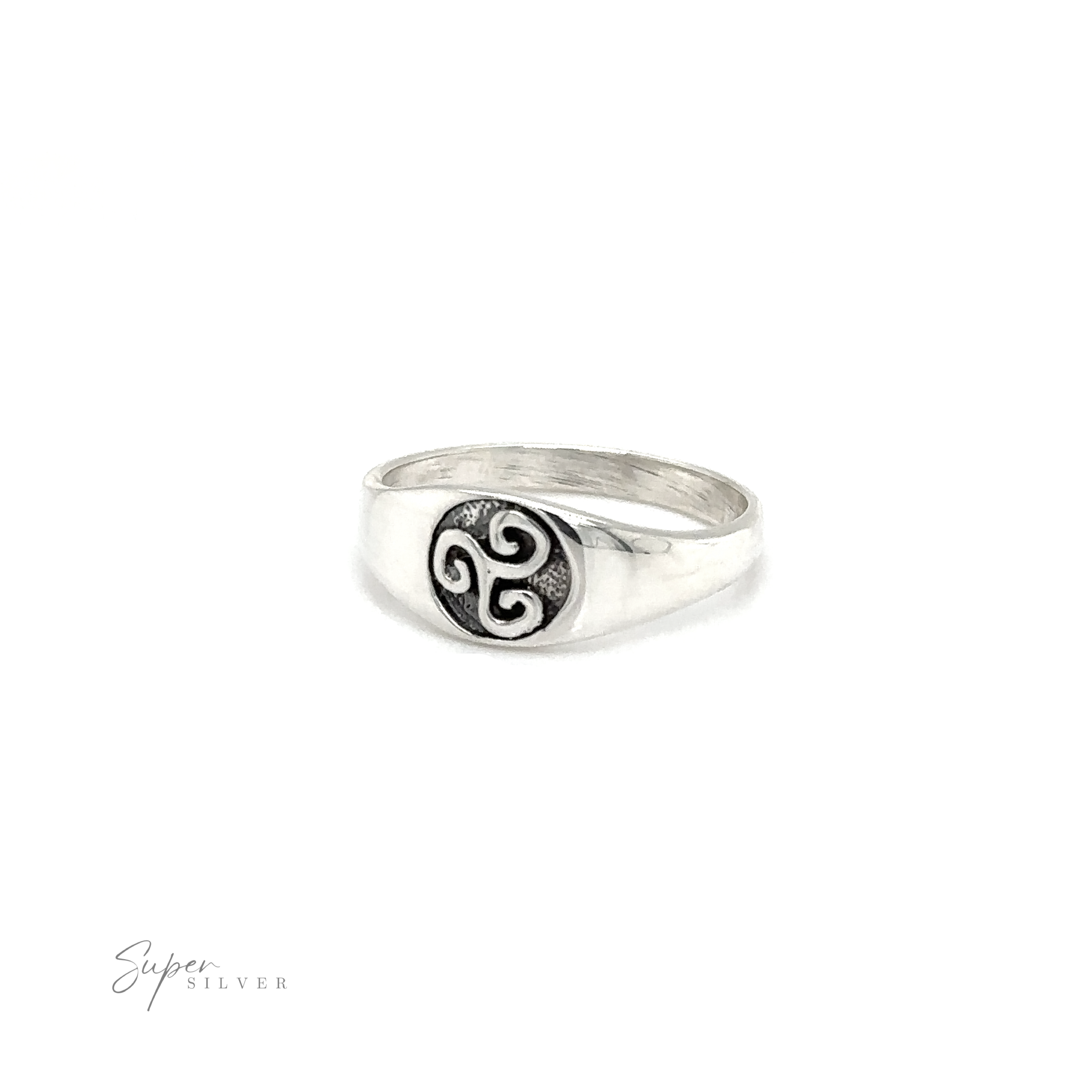 A mens Celtic Spiral Signet Ring with a black and white design.
