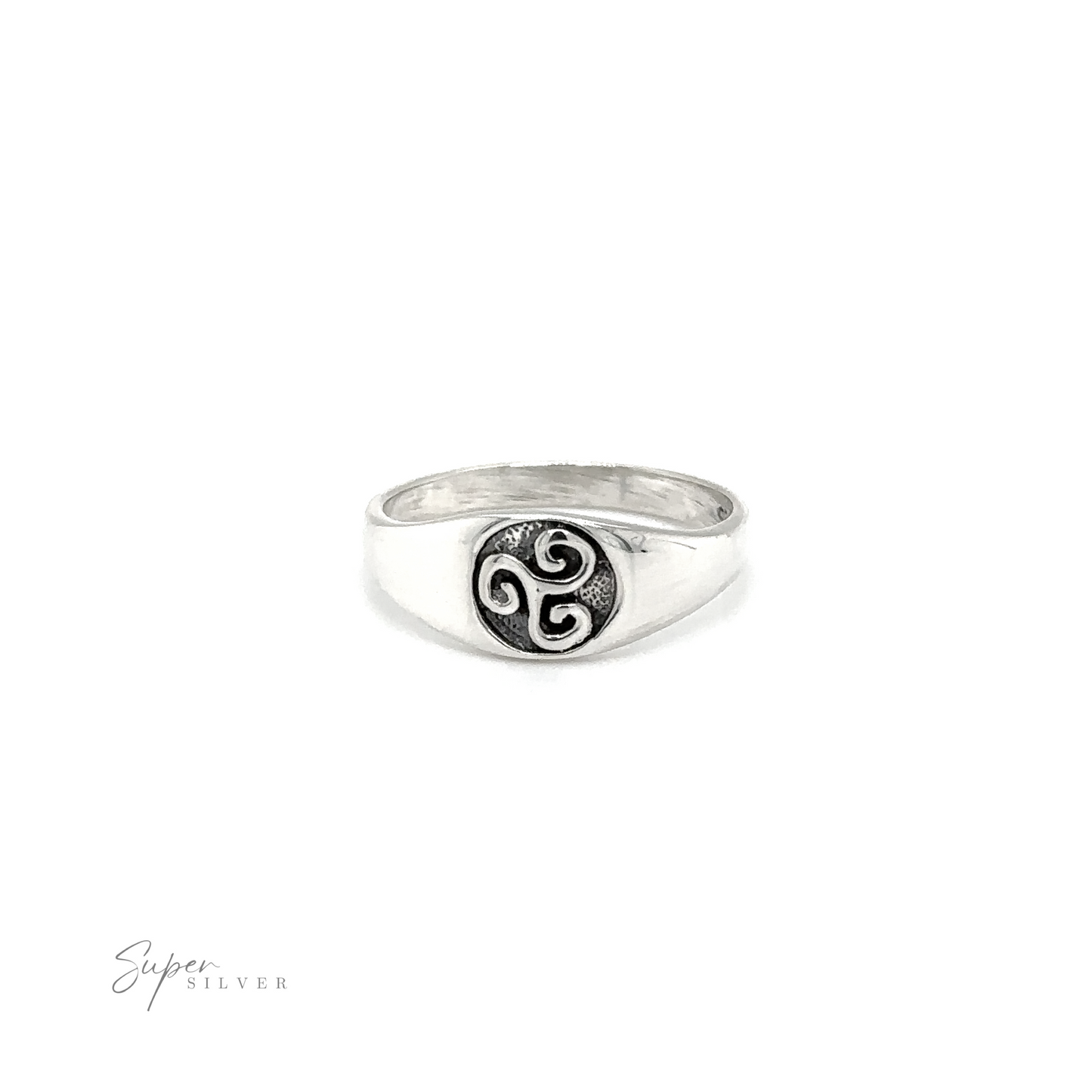 A Celtic Spiral signet ring with a black and white design.