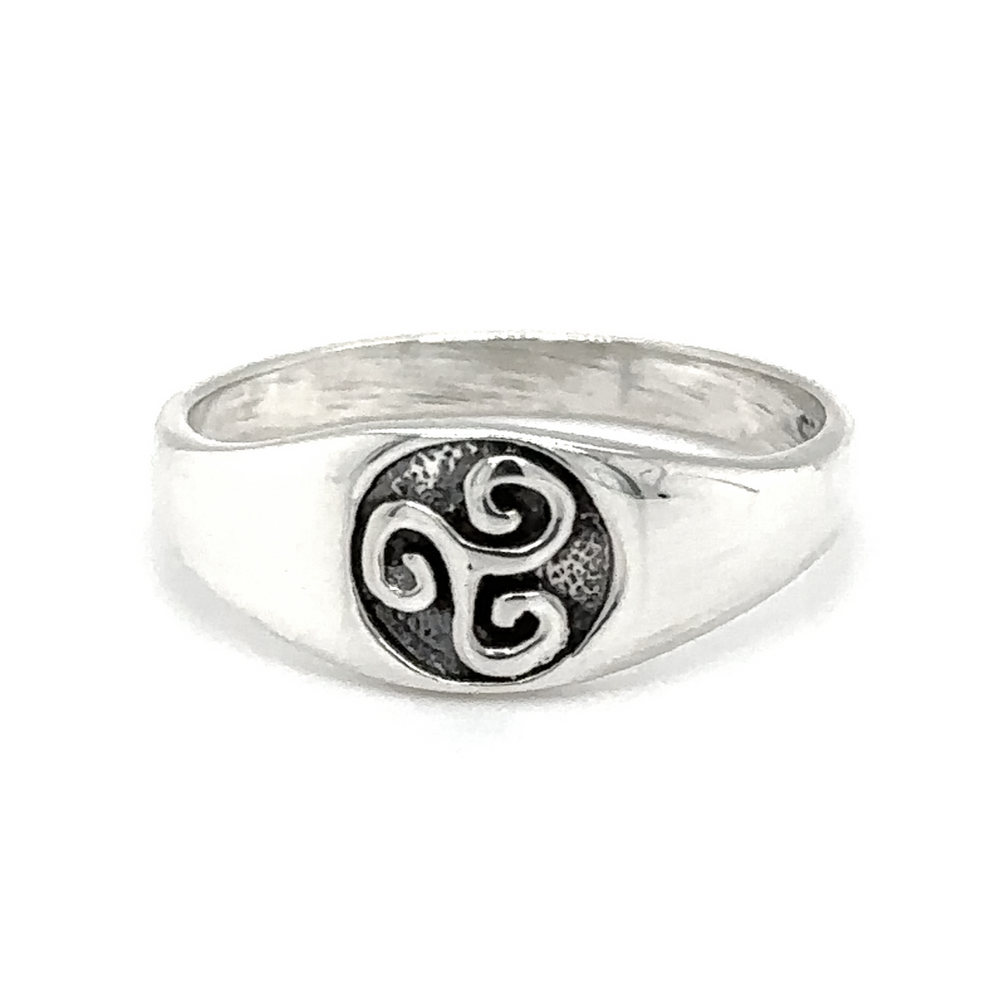 A .925 sterling silver Celtic Spiral Signet Ring with intricate Celtic symbolism.