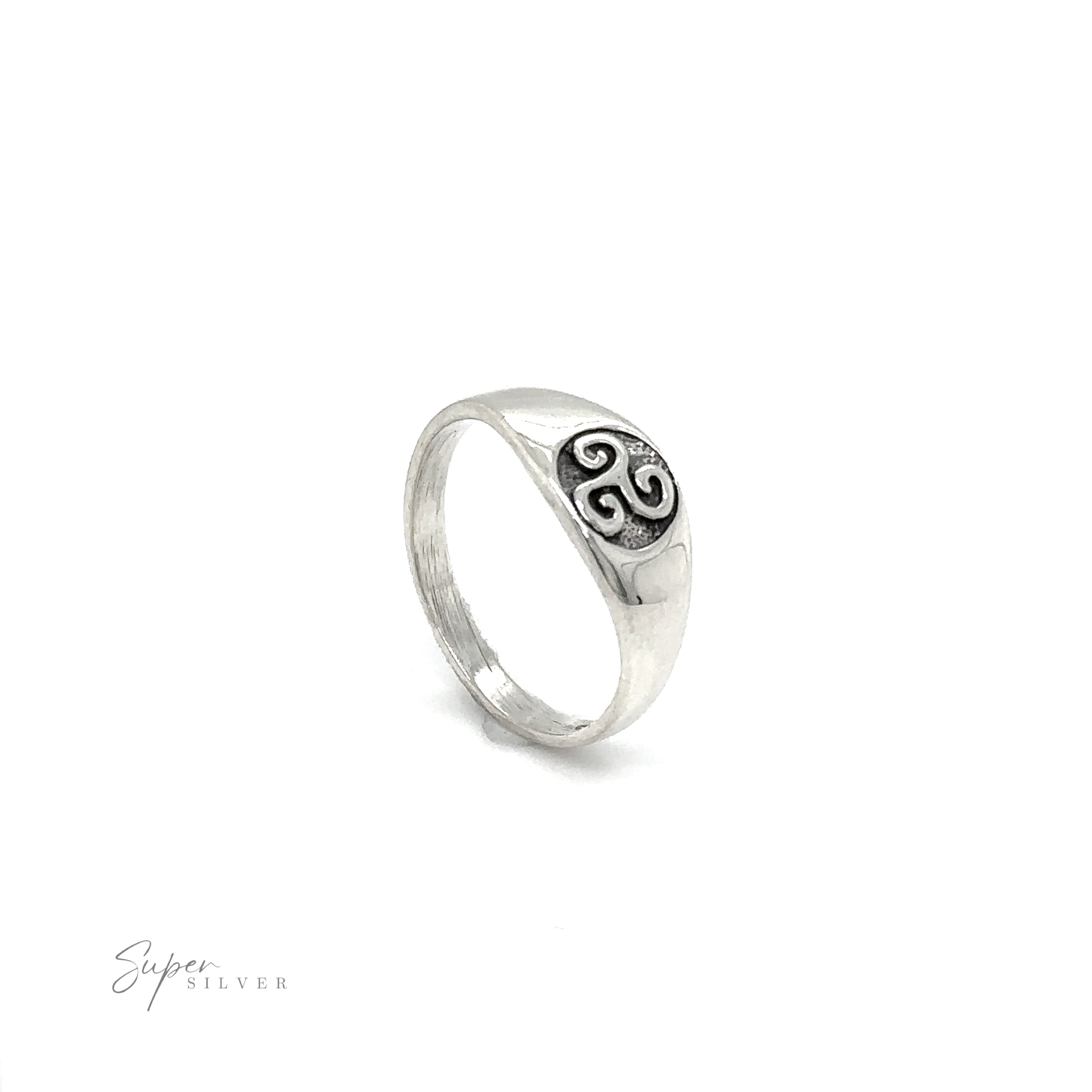 A Celtic Spiral Signet Ring with an om symbol on it.
